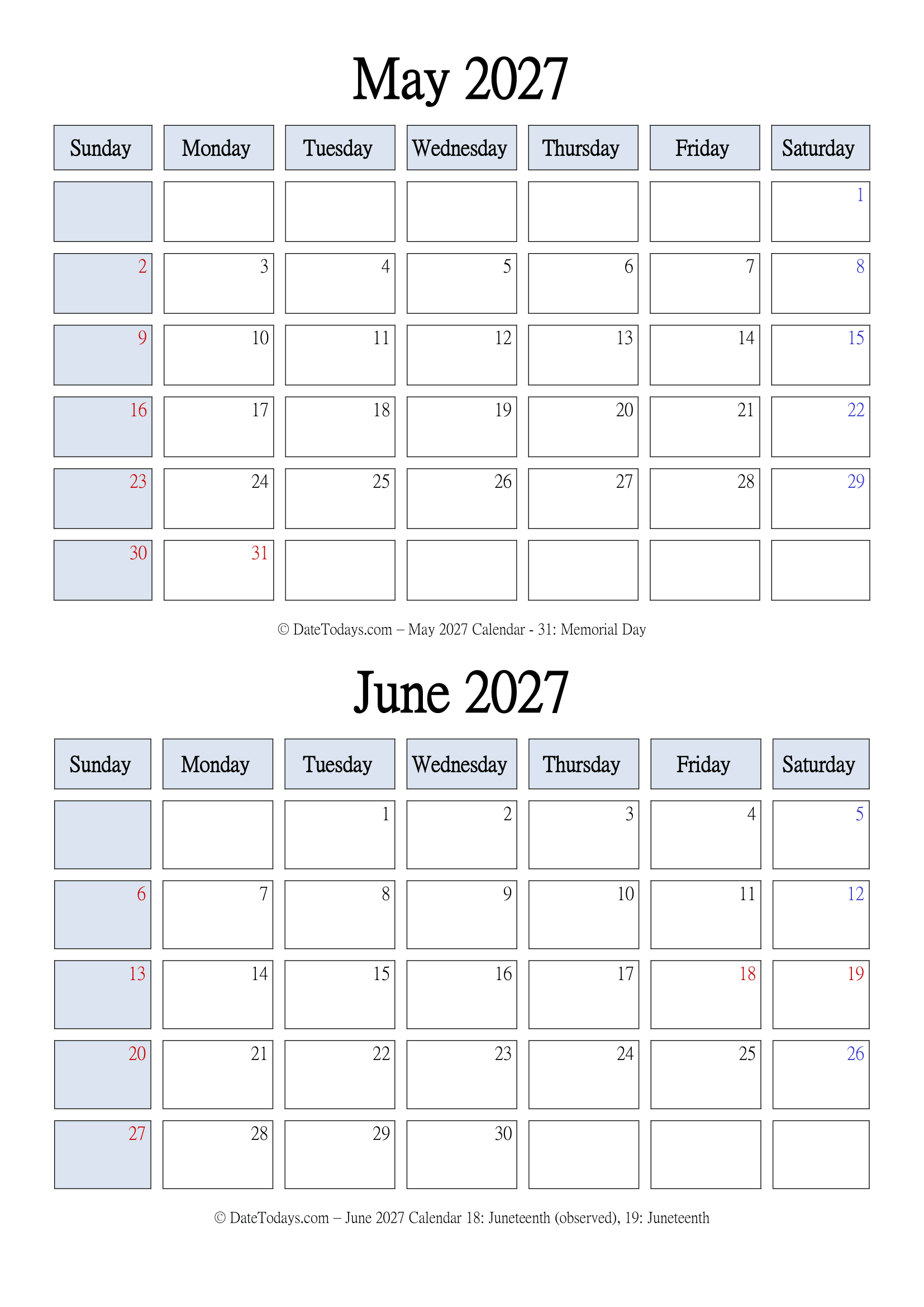 May June 2027 Calendar