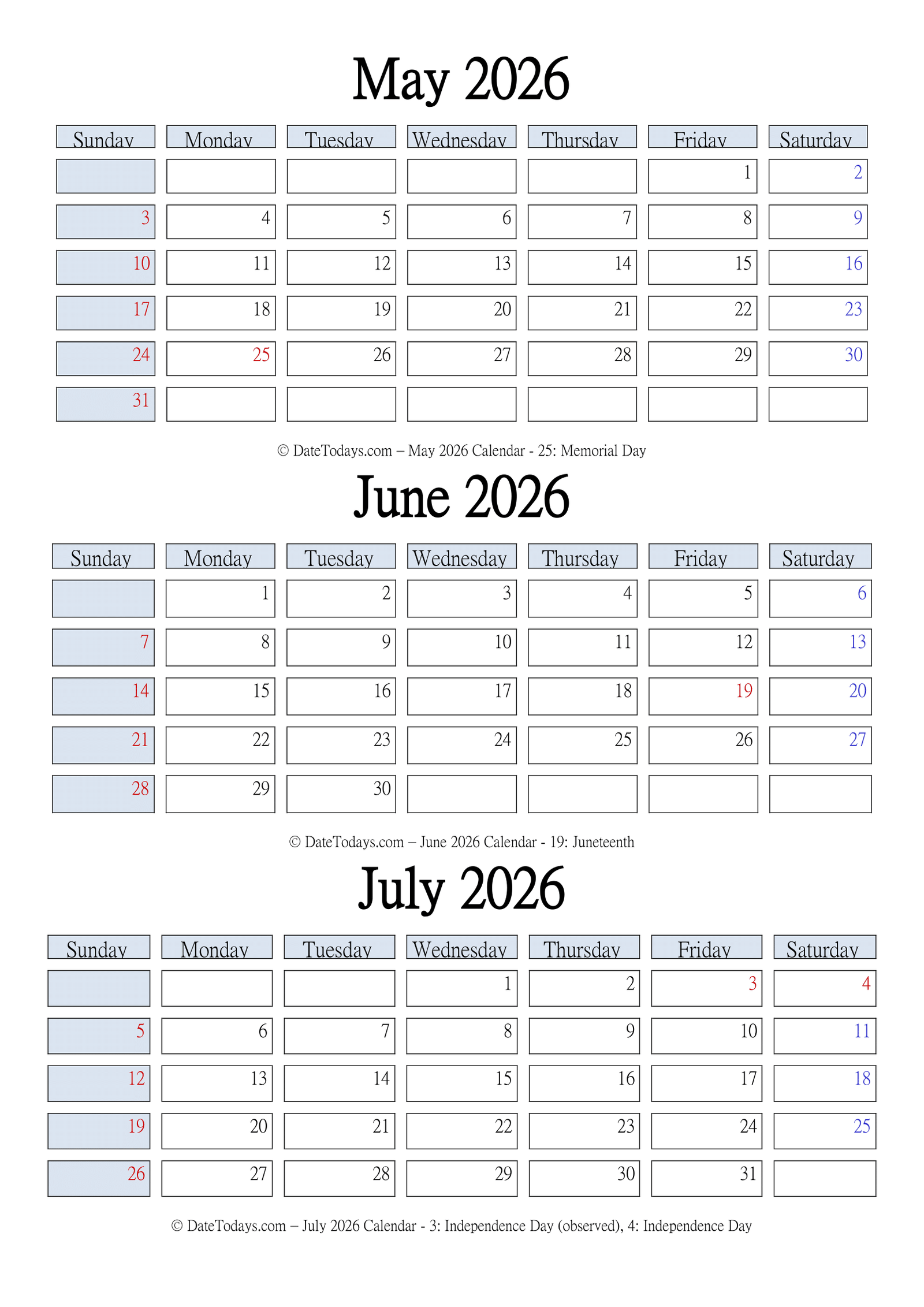 May June July 2026 Calendar Free