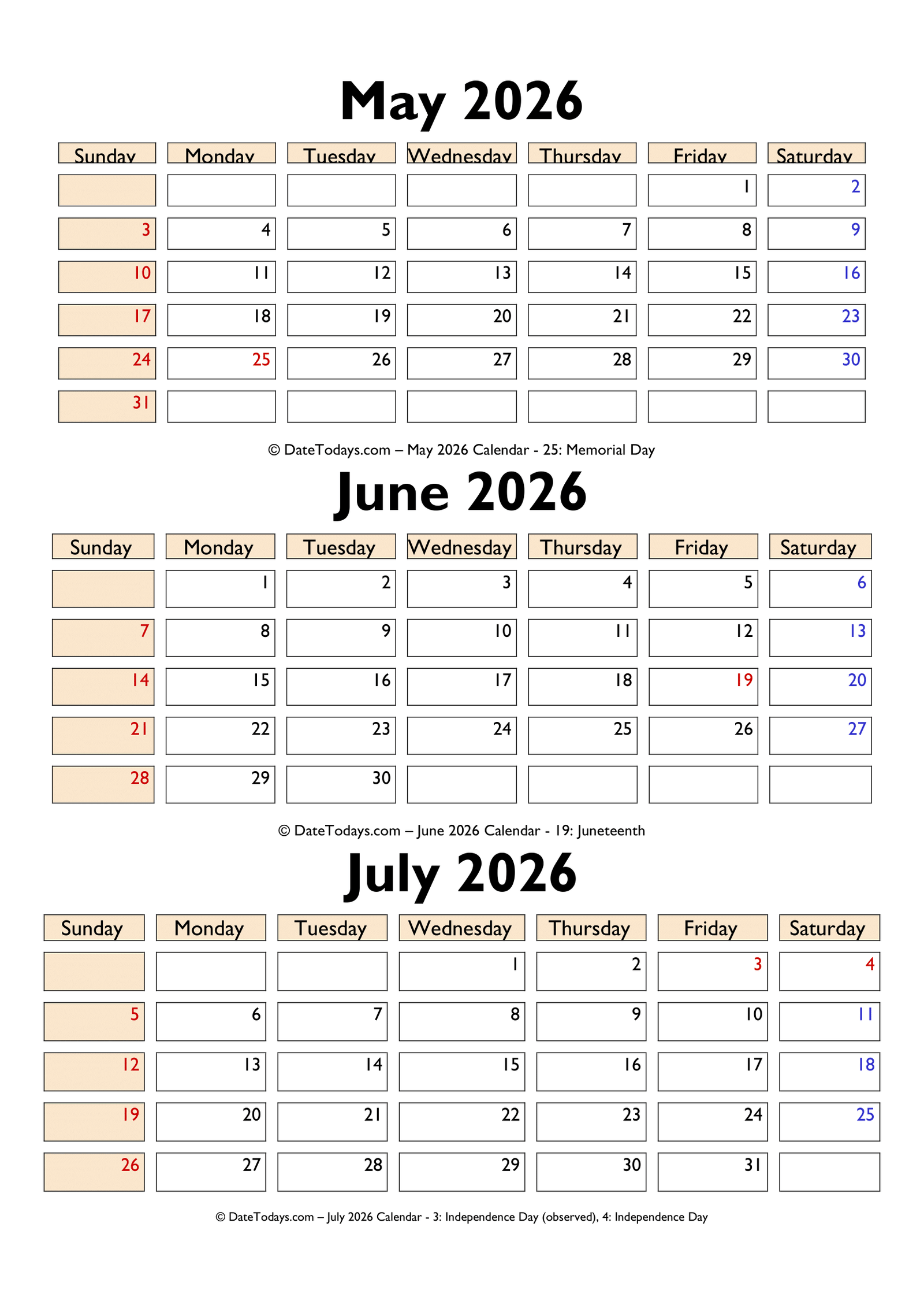 May June July 2026 Calendar PDF