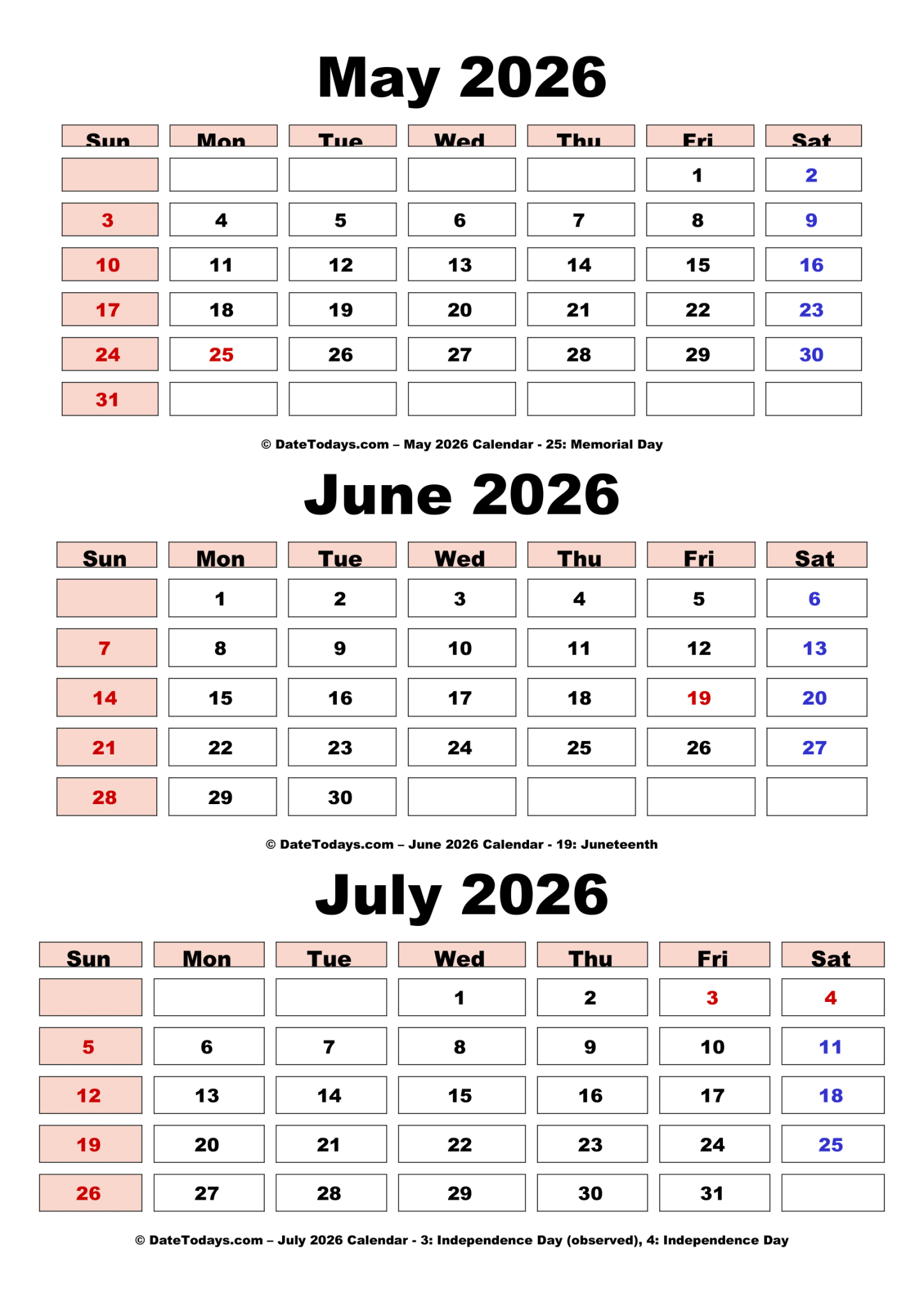 May June July 2026 Calendar Printable PDF