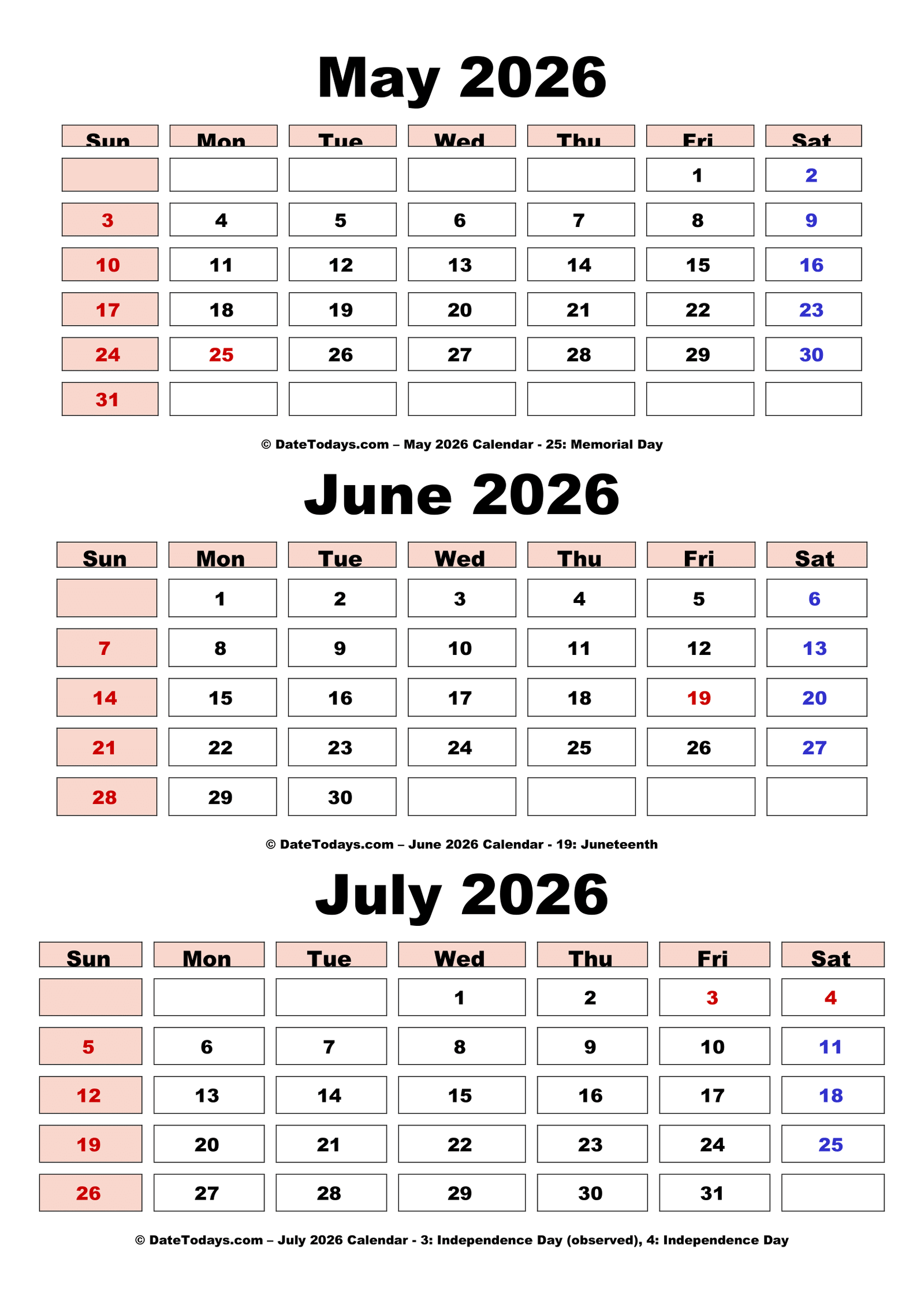 May June July 2026 Calendar with Holidays