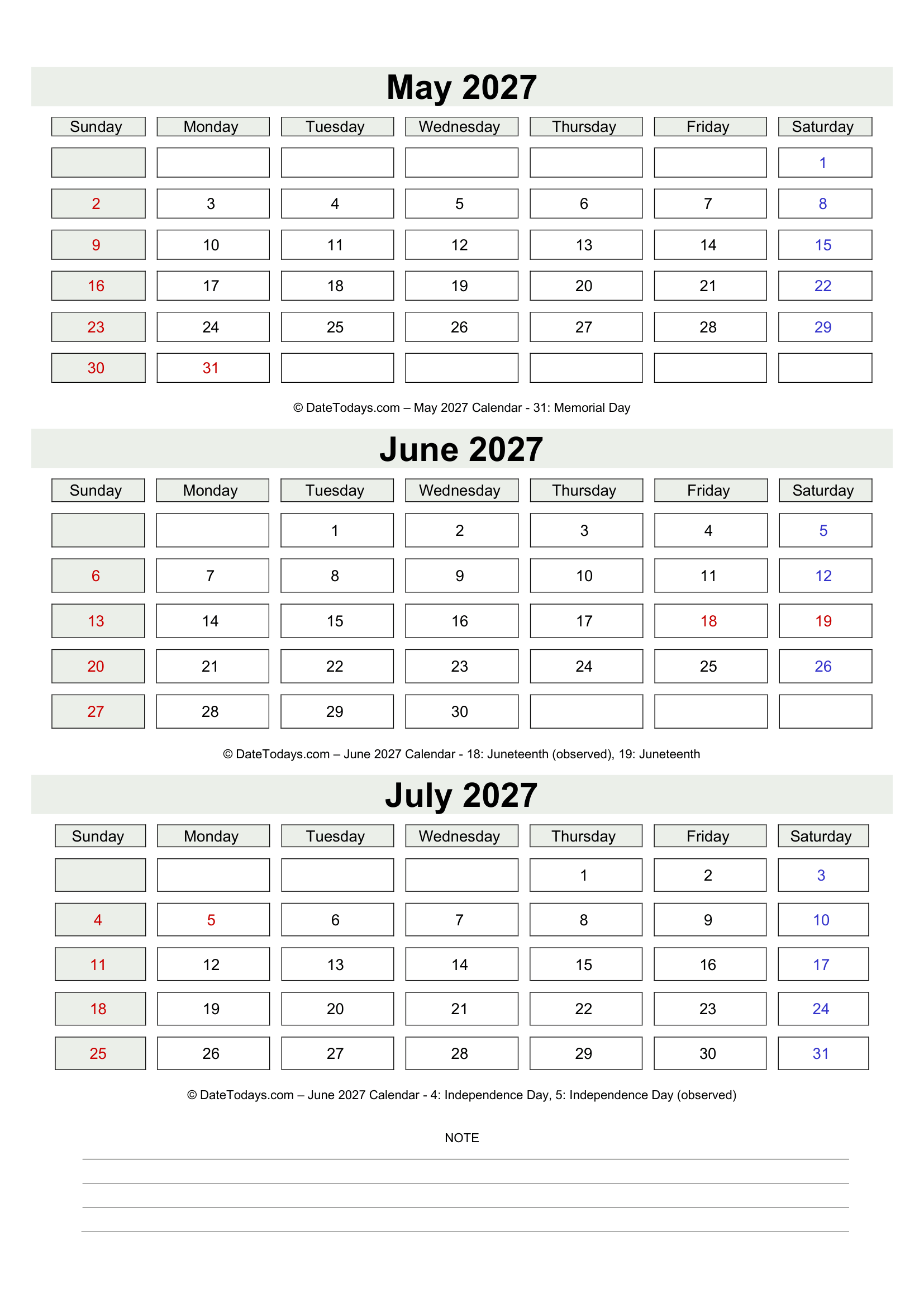 May to July 2027 Calendar