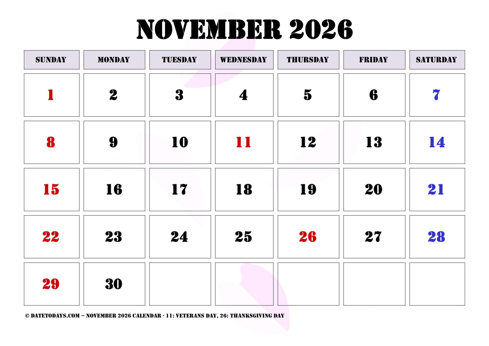 November 2026 Calendar With US Federal Holidays Printable PDF