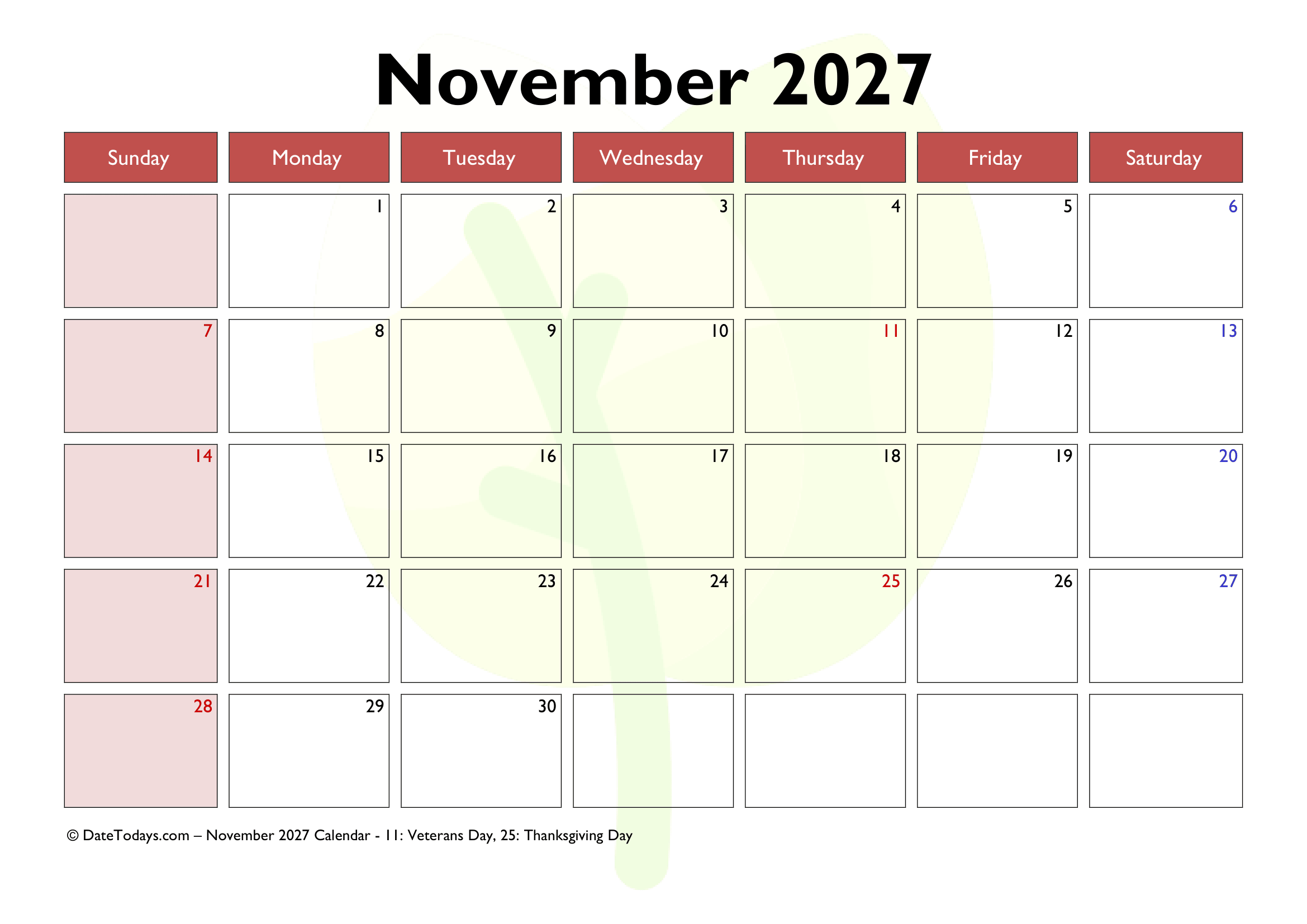 November 2027 Calendar Printable PDF With Holidays November 2027 Calendar Printable PDF With Holidays