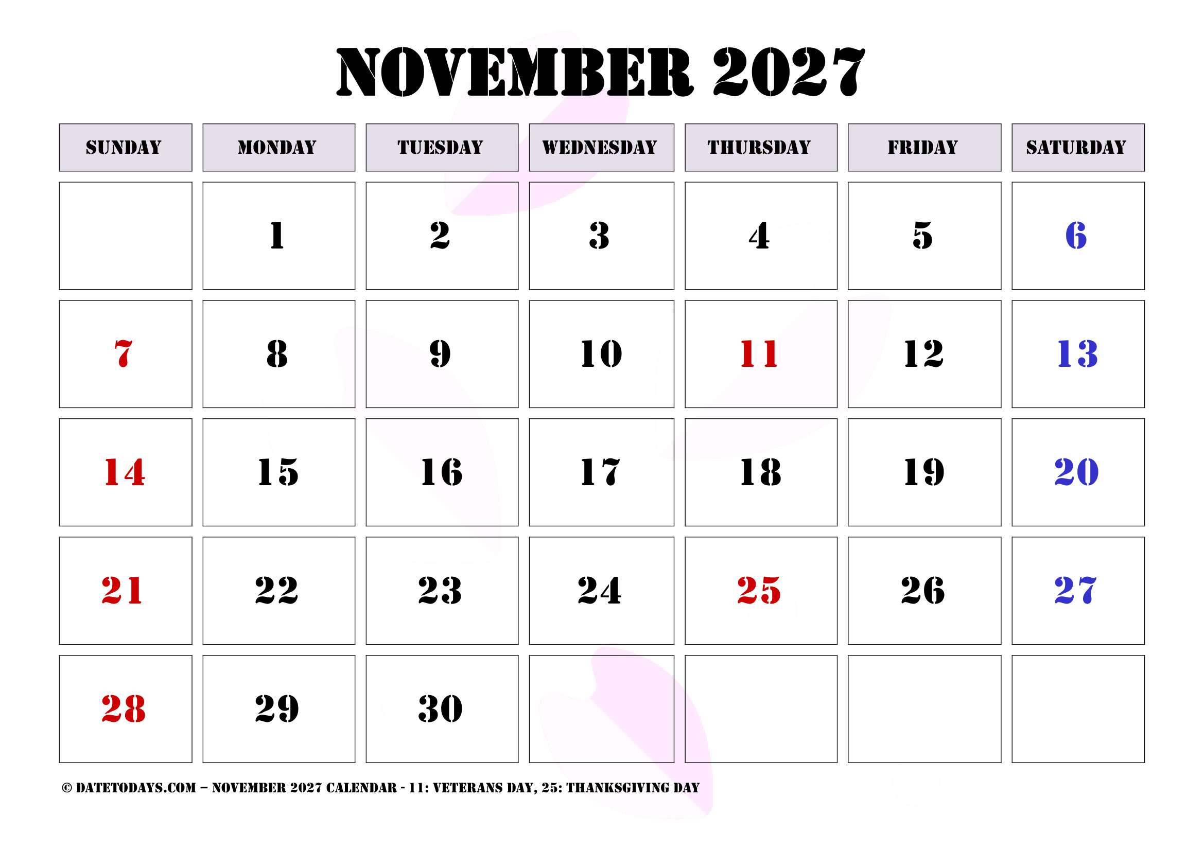 November 2027 Calendar with Holidays