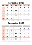 November December 2027 Calendar Bold Font
