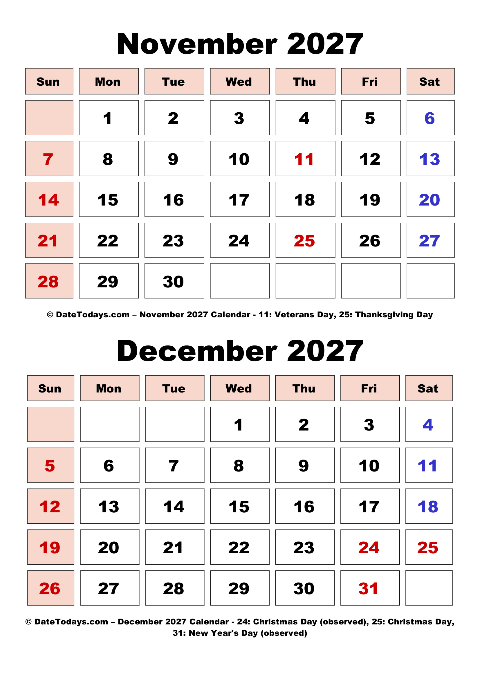 November December 2027 Calendar Bold Font