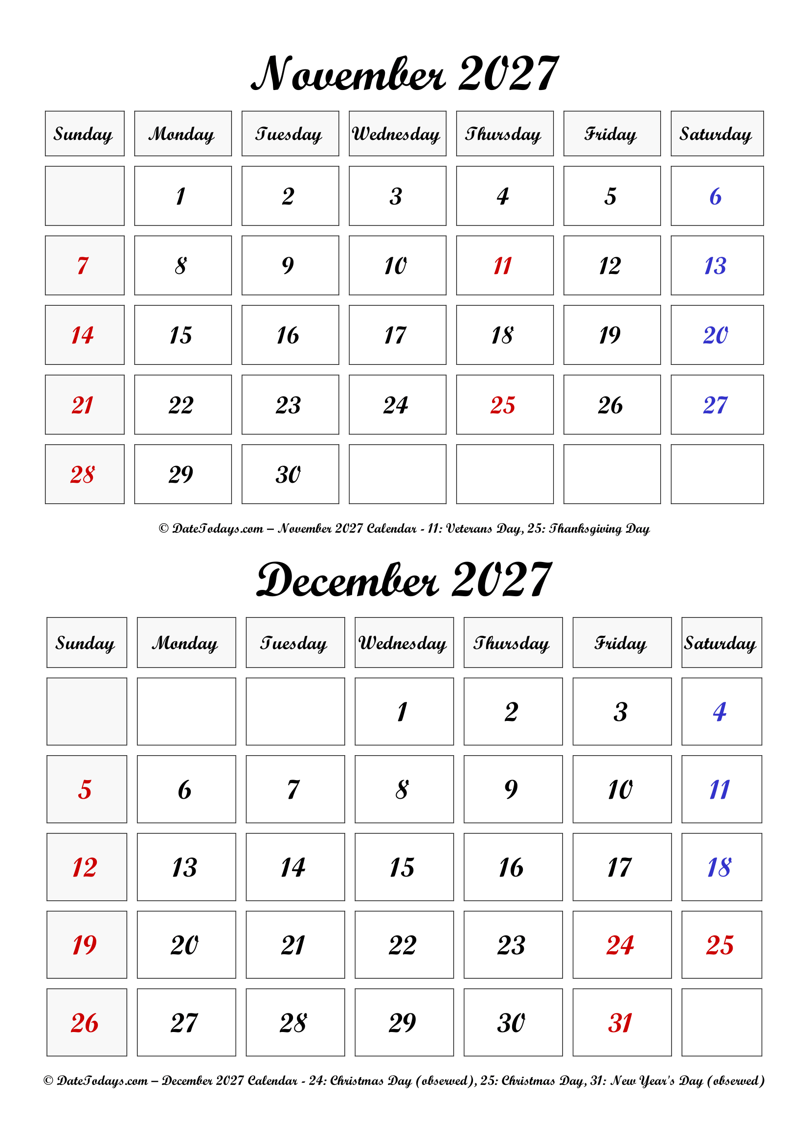 November December 2027 Calendar Cursive Font