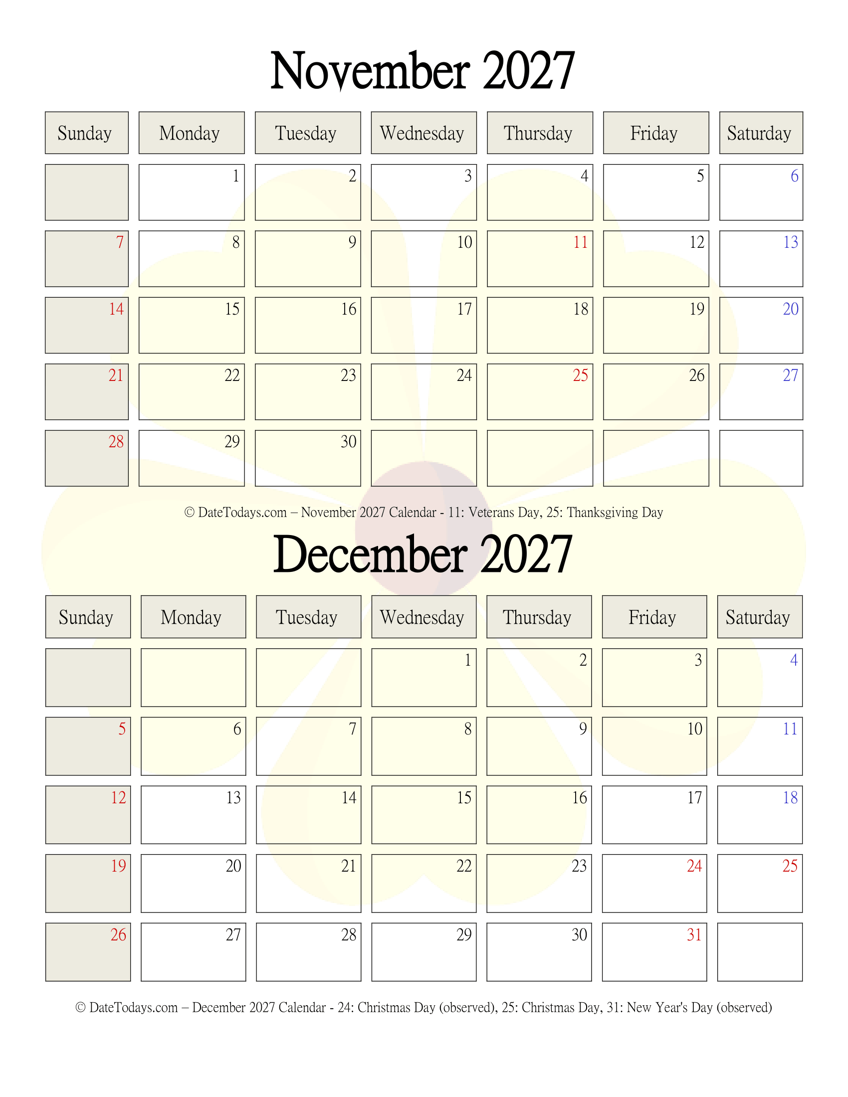 November December 2027 Calendar Free