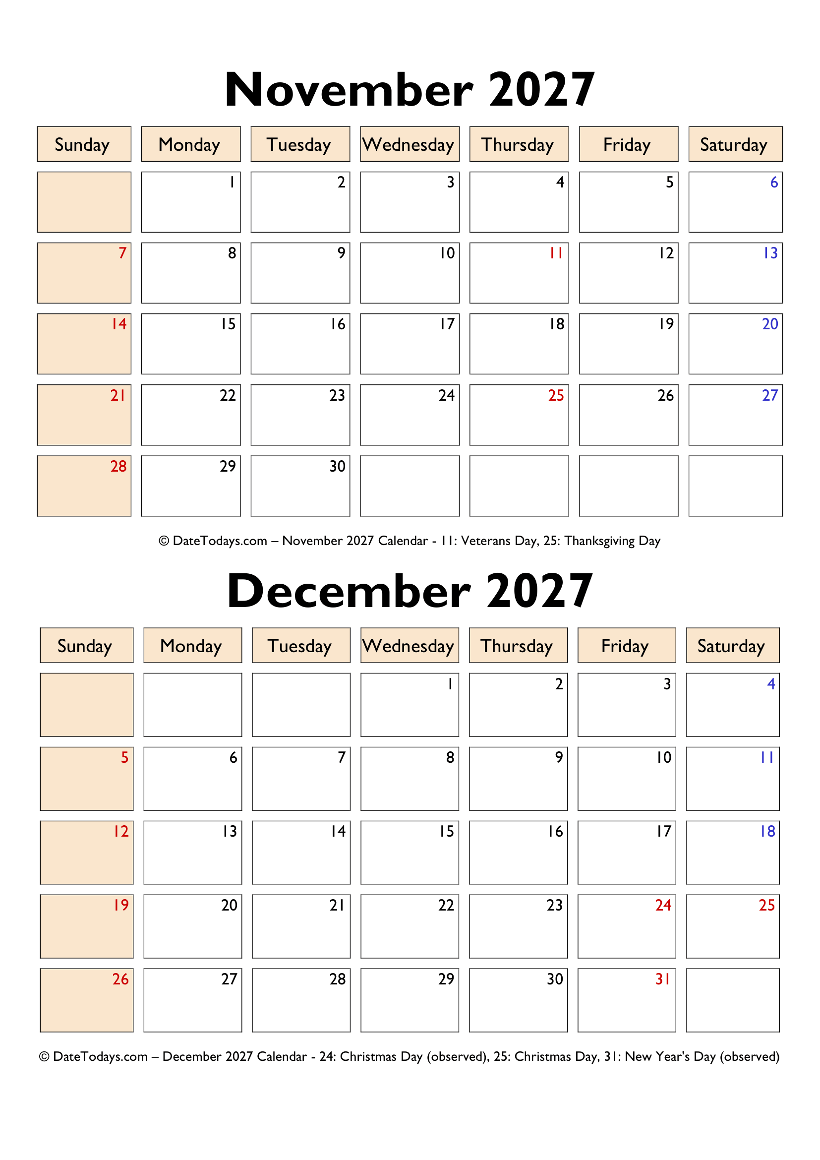 November December 2027 Calendar PDF