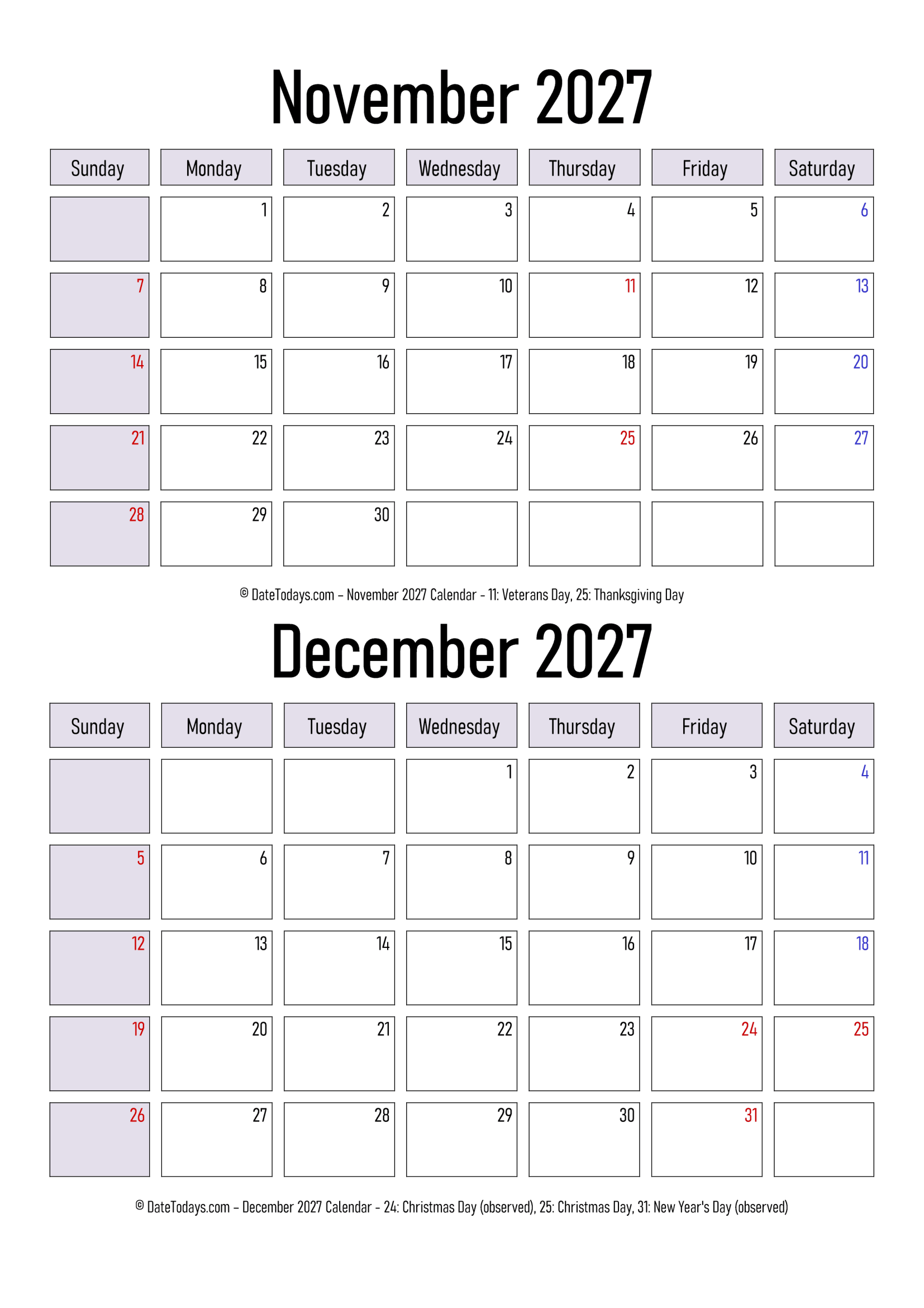 November December 2027 Calendar Print