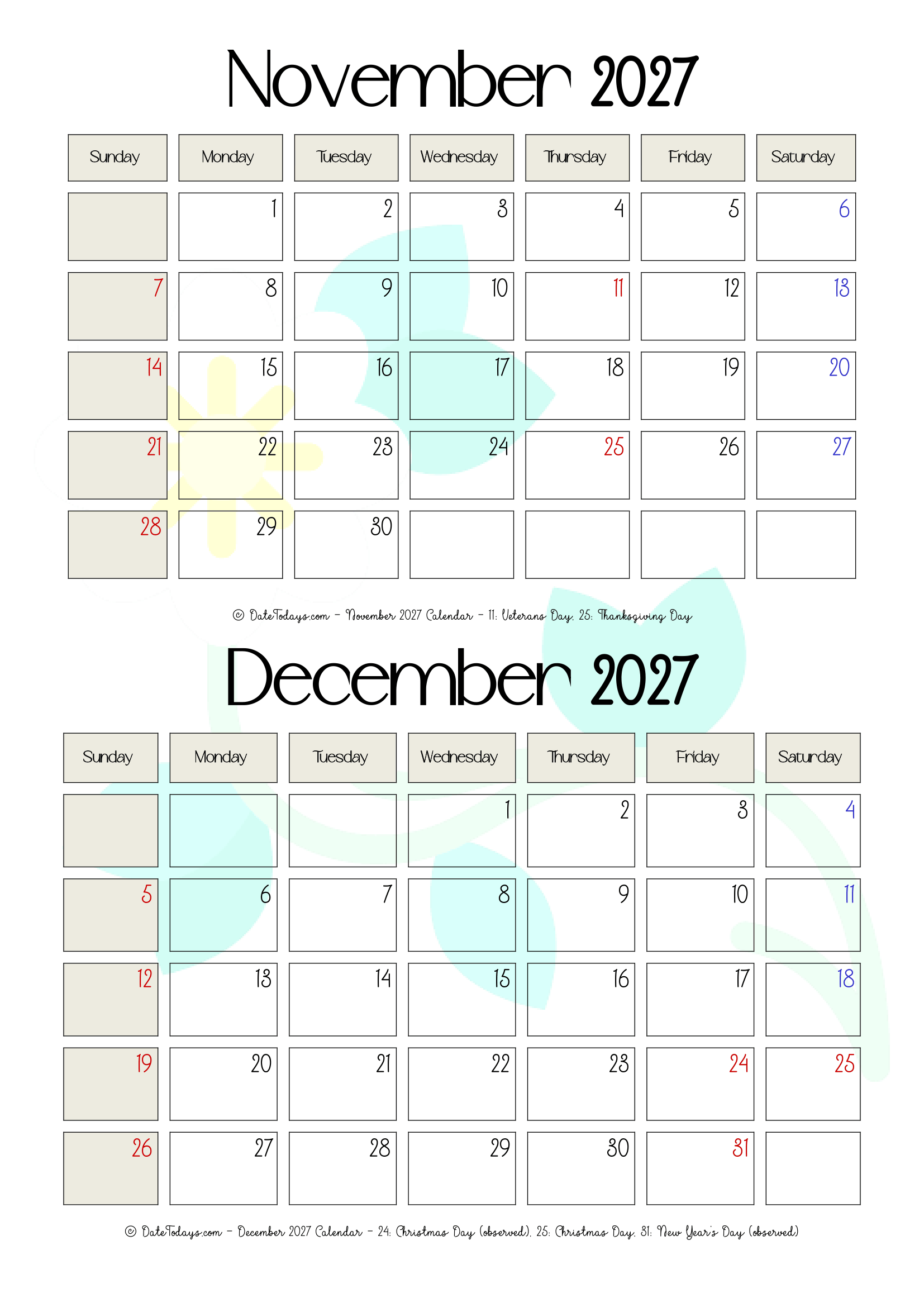 November December 2027 Calendar Printable