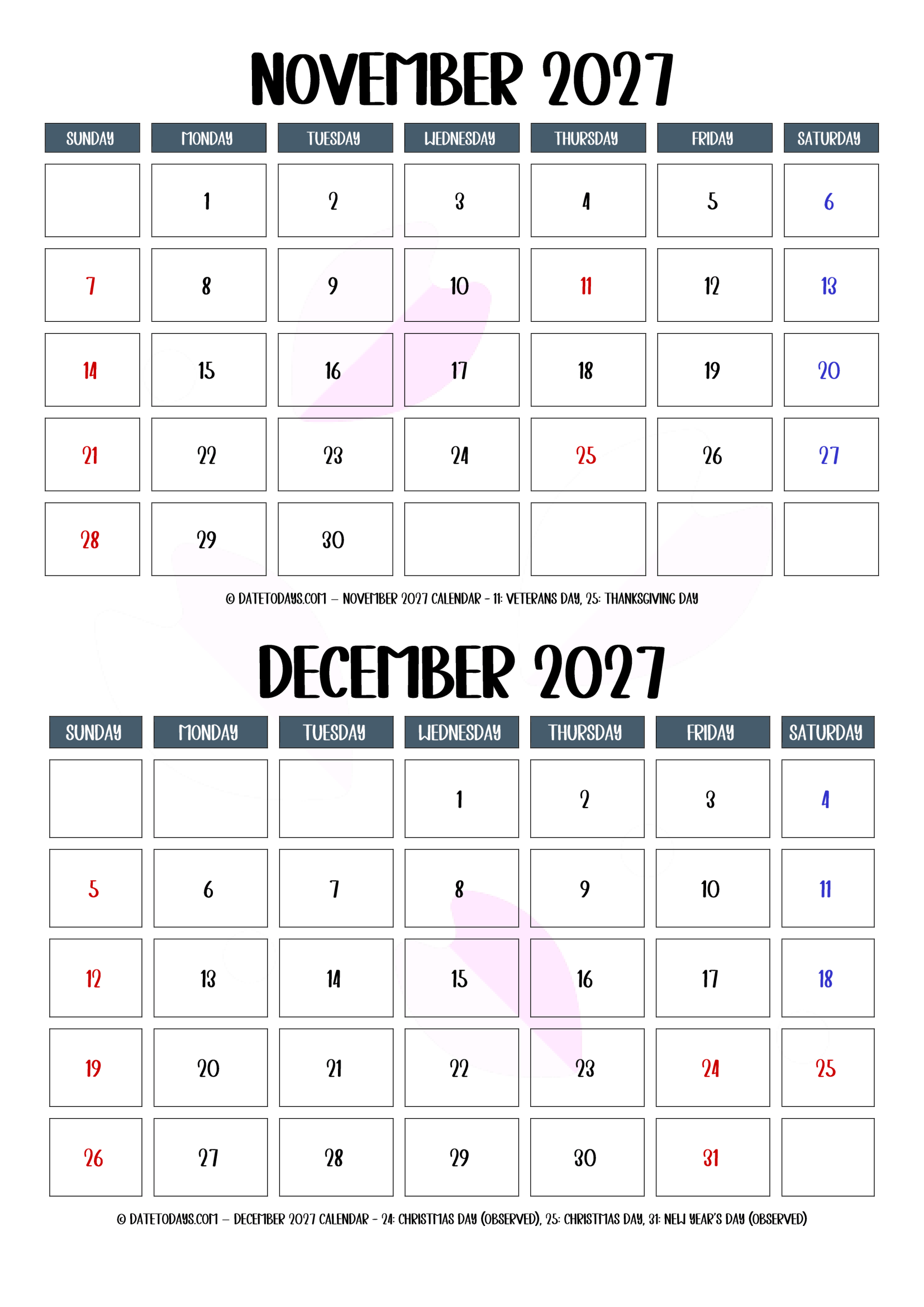 November December 2027 Calendar with Holidays