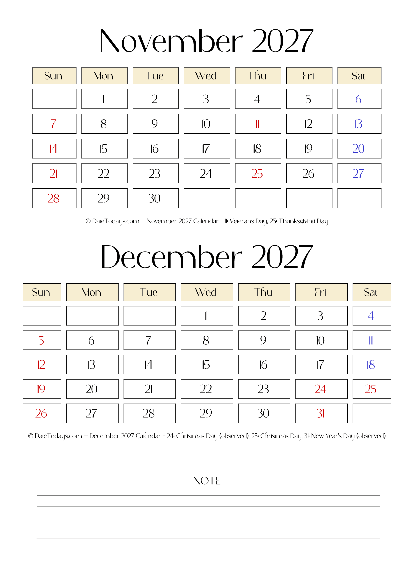 November December 2027 Calendar with Notes