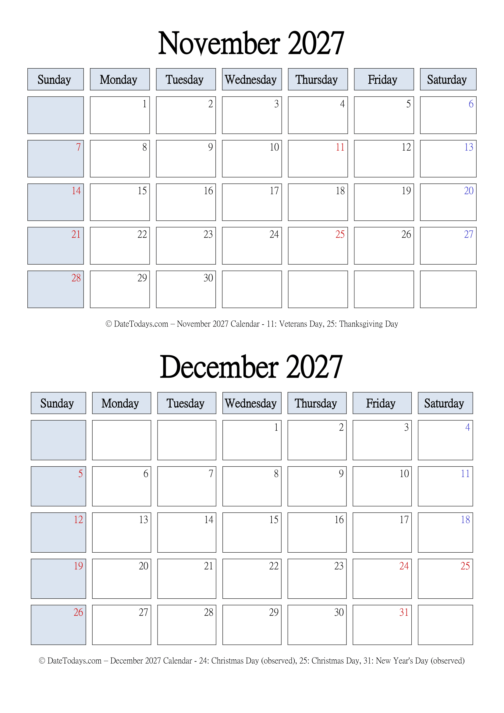 November December 2027 Calendar