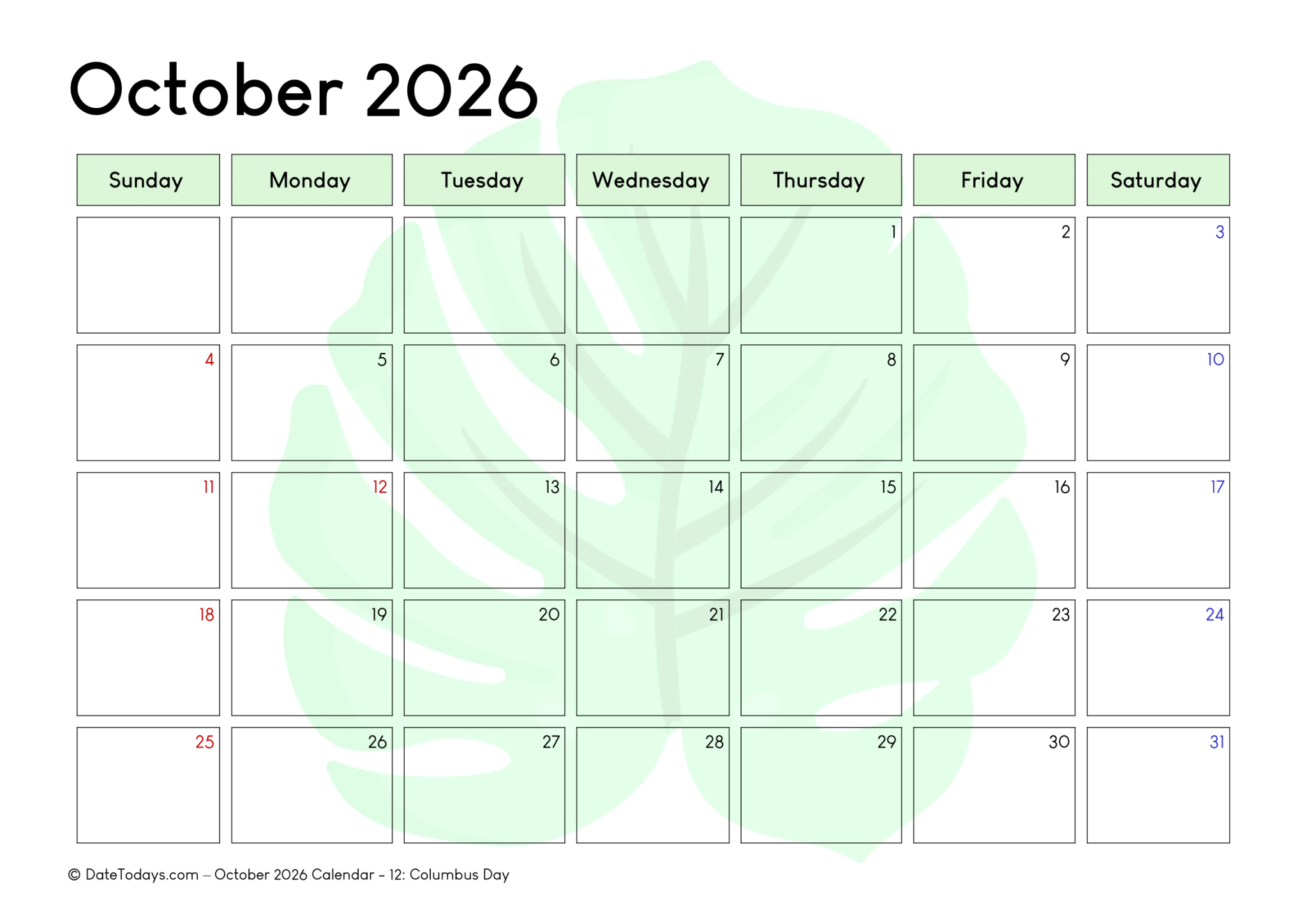October 2026 Calendar with Holidays Printable PDF