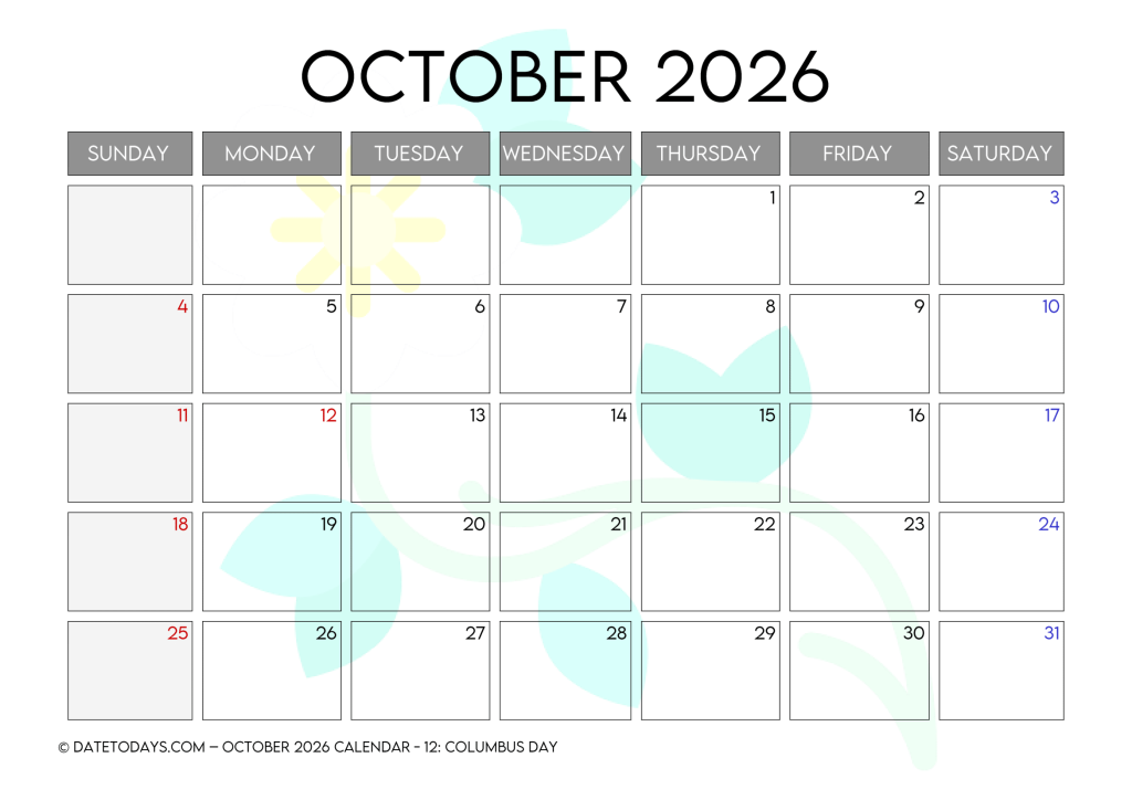 October 2026 Calendar with Holidays Printable PDF