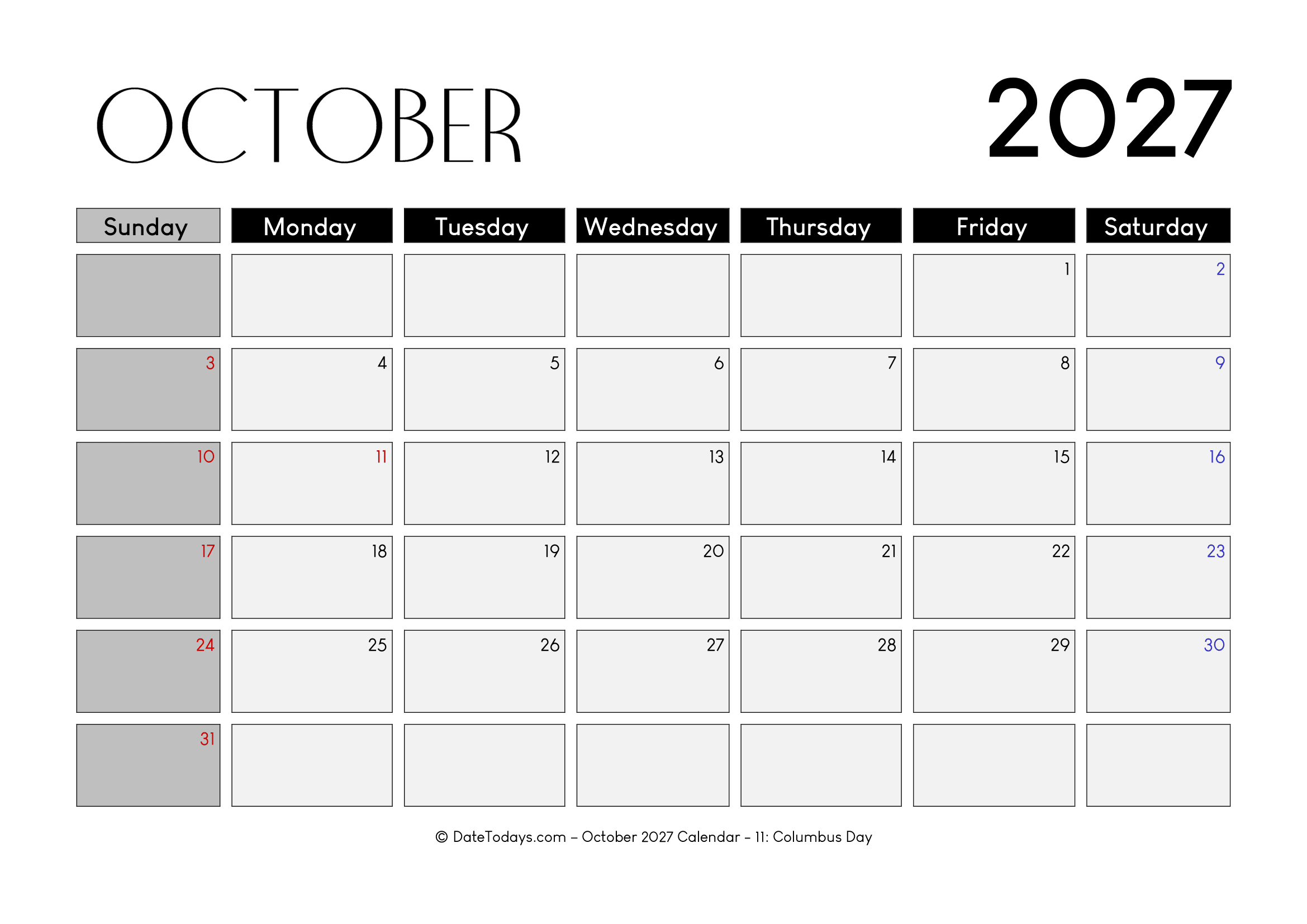 Printable October 2027 Calendar with Holidays