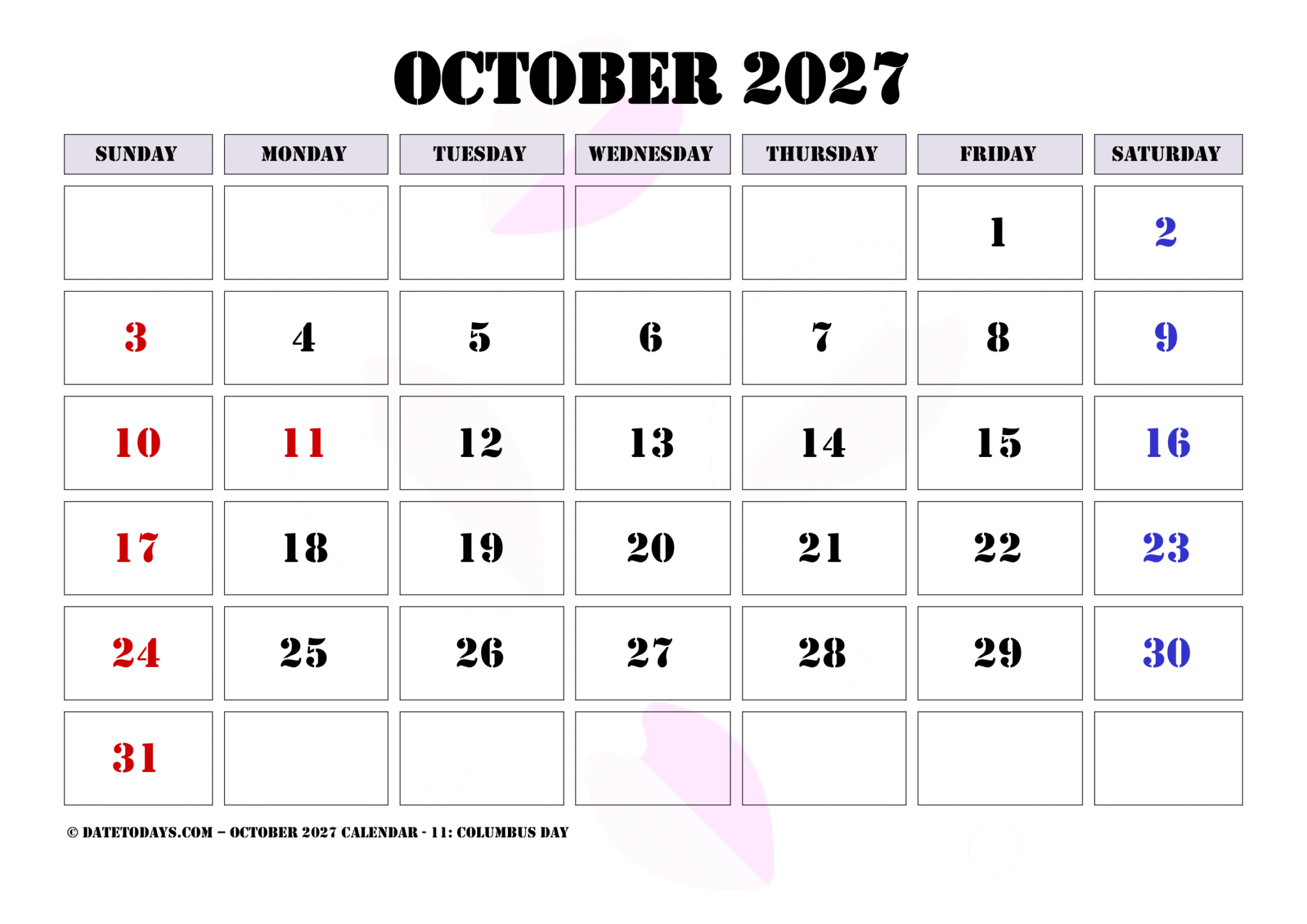 October Calendar 2027 With Holidays