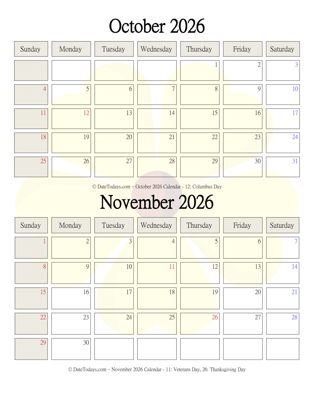 October November 2026 Calendar Printable - 2 Month Calendar