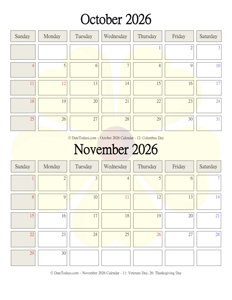 October November 2026 Calendar Printable - 2 Month Calendar