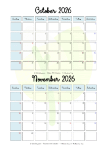 October November 2026 Calendar Printable - 2 Month Calendar