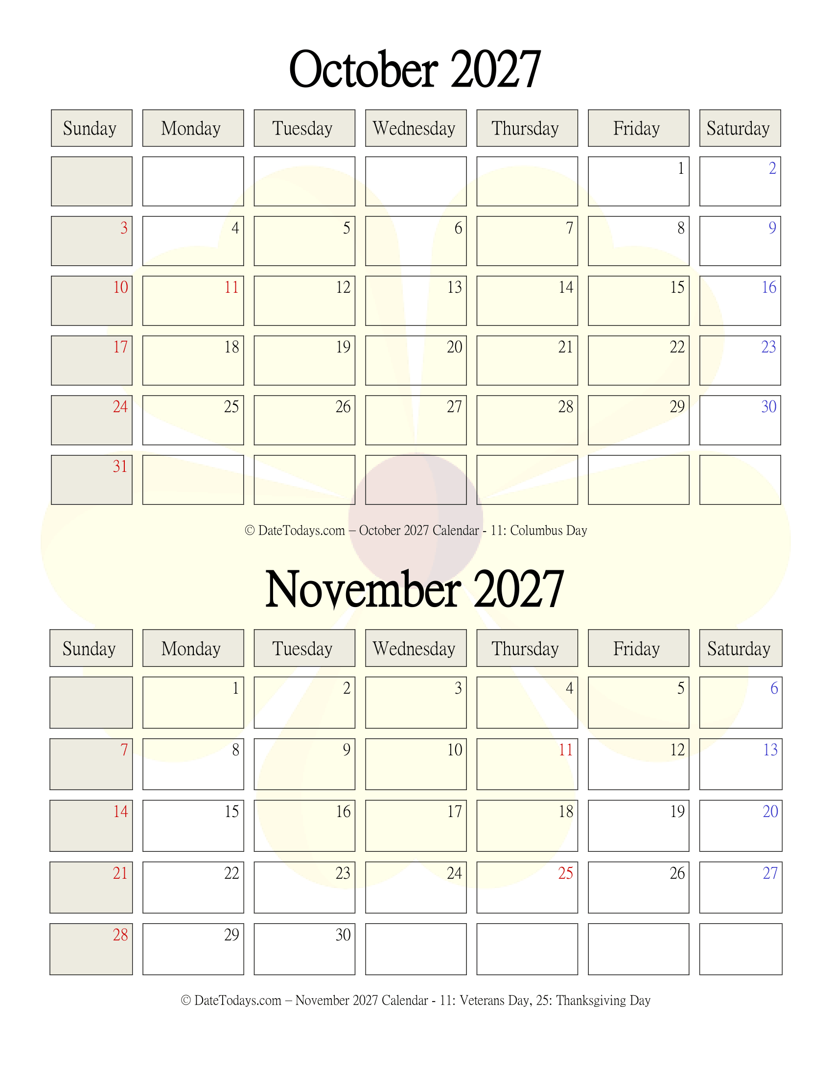 October November 2027 Calendar Free