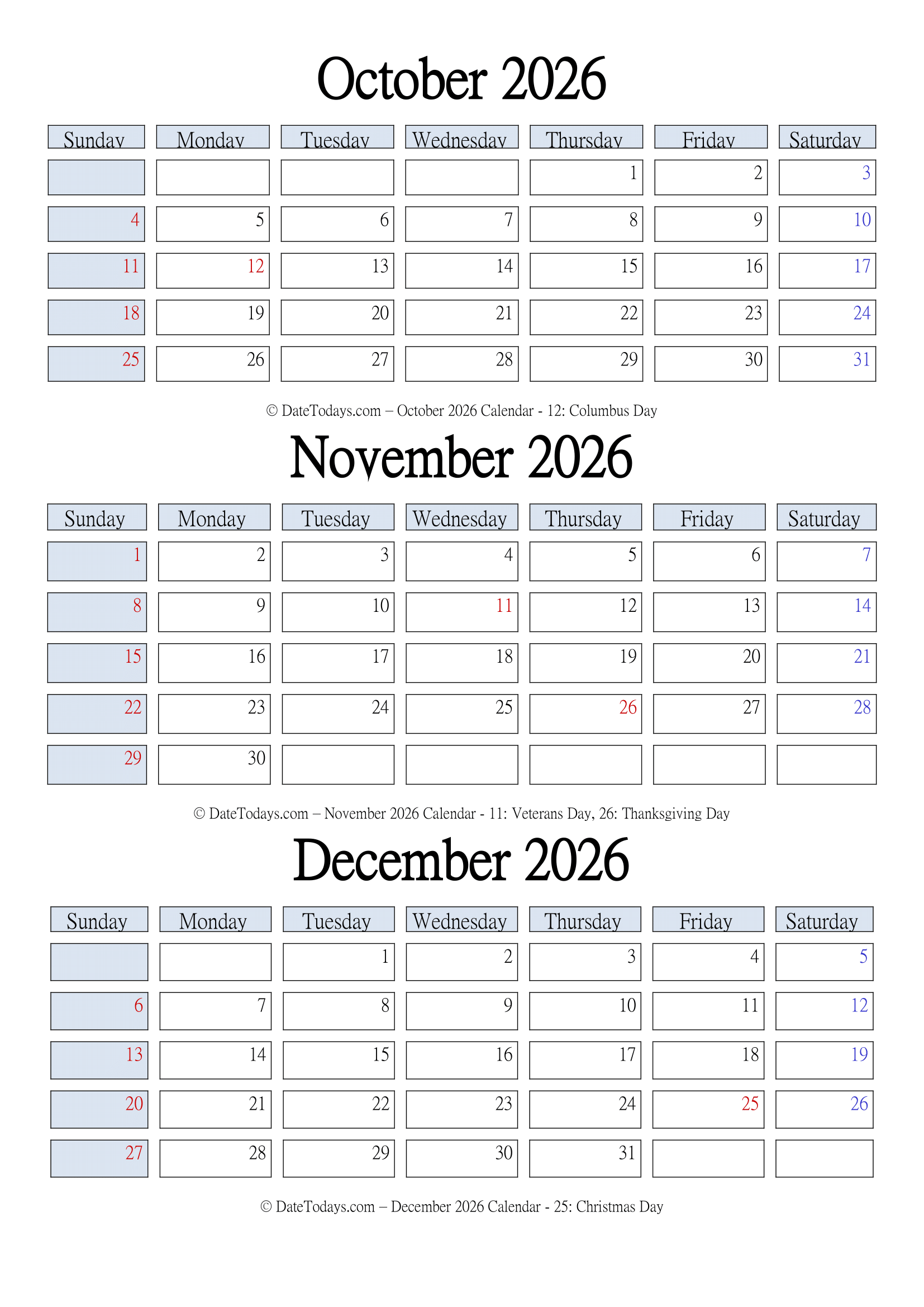 October November December 2026 Calendar Free