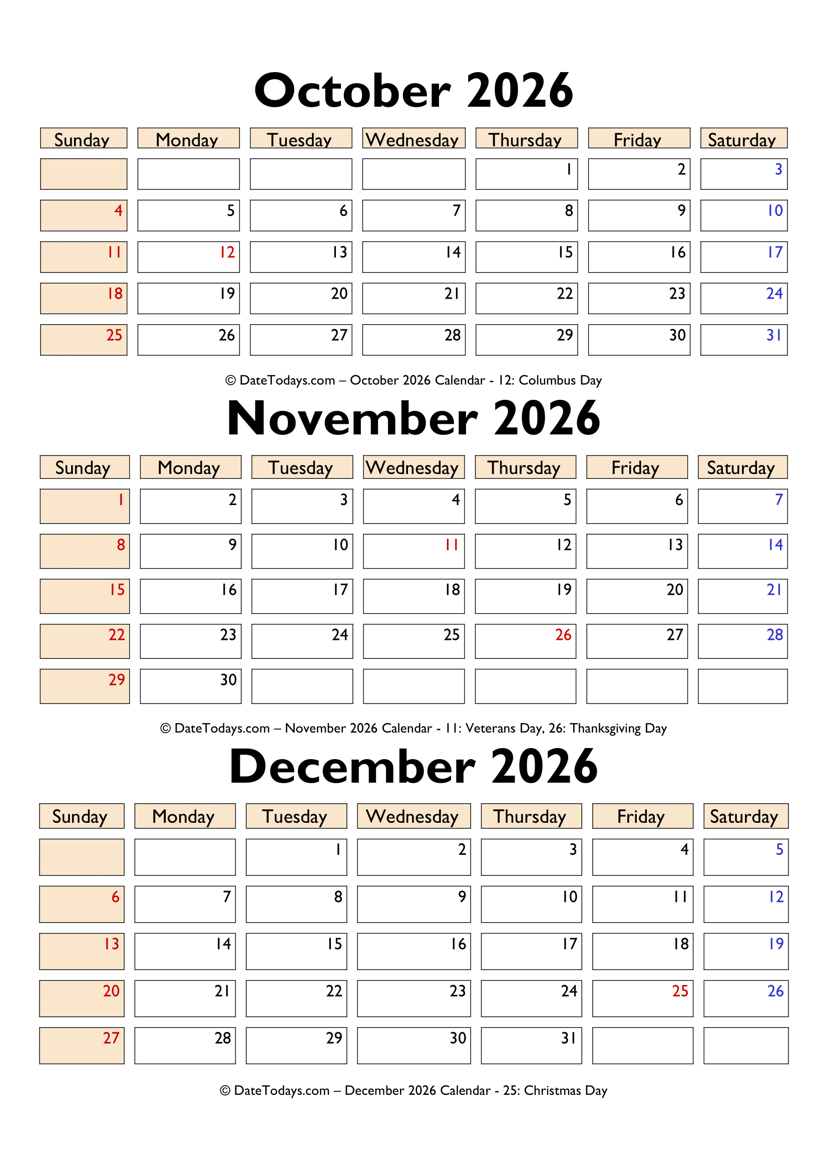 October November December 2026 Calendar PDF