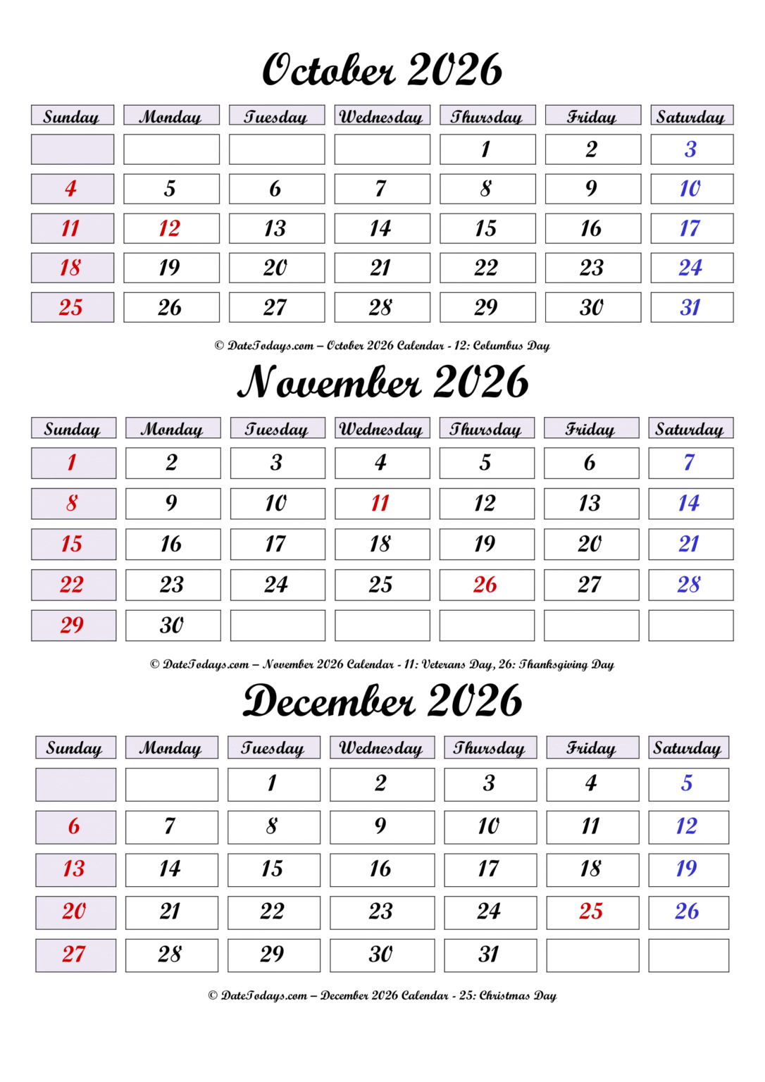 October November December 2026 Calendar - Date Today's