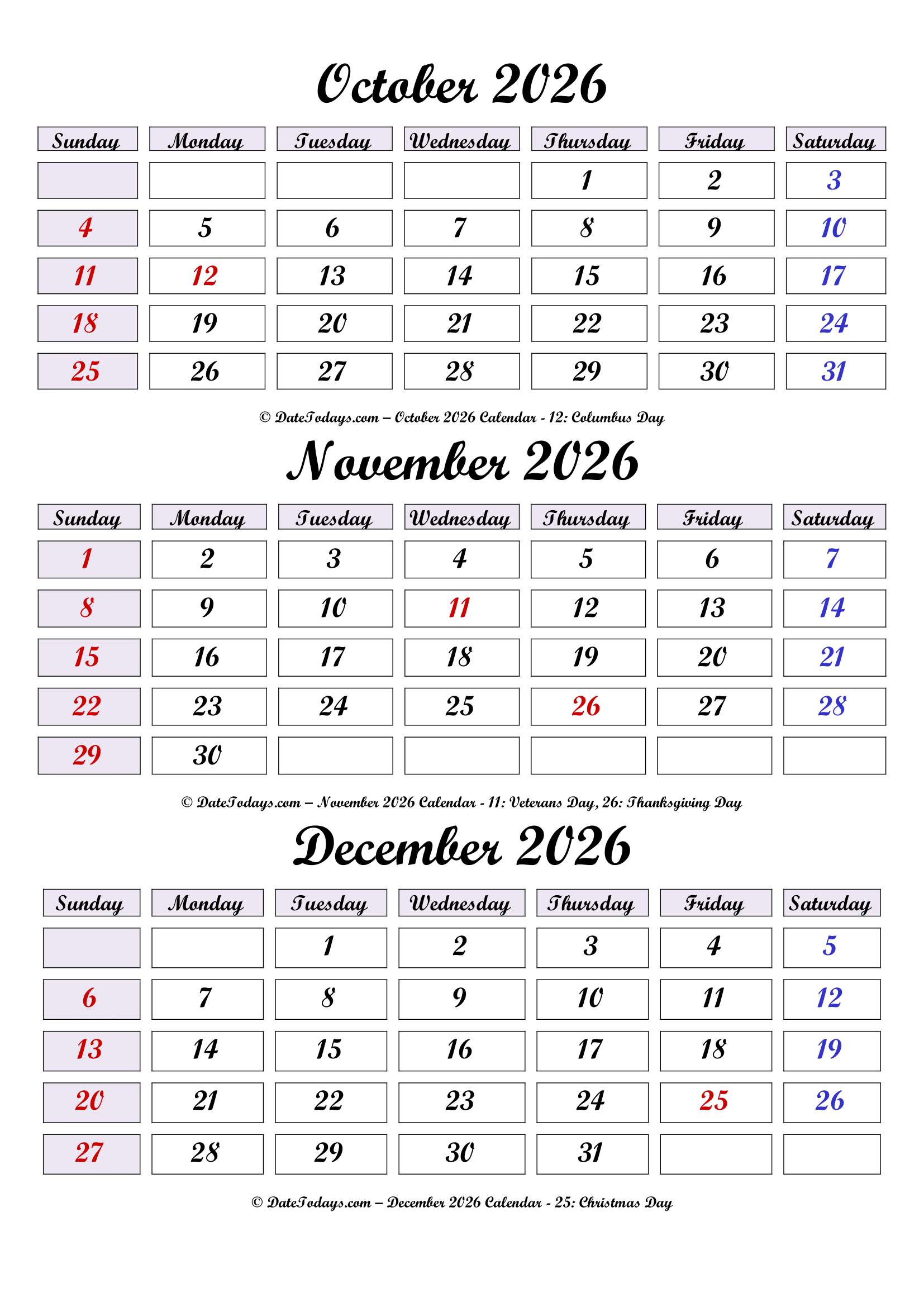 October November December 2026 Calendar Printable PDF