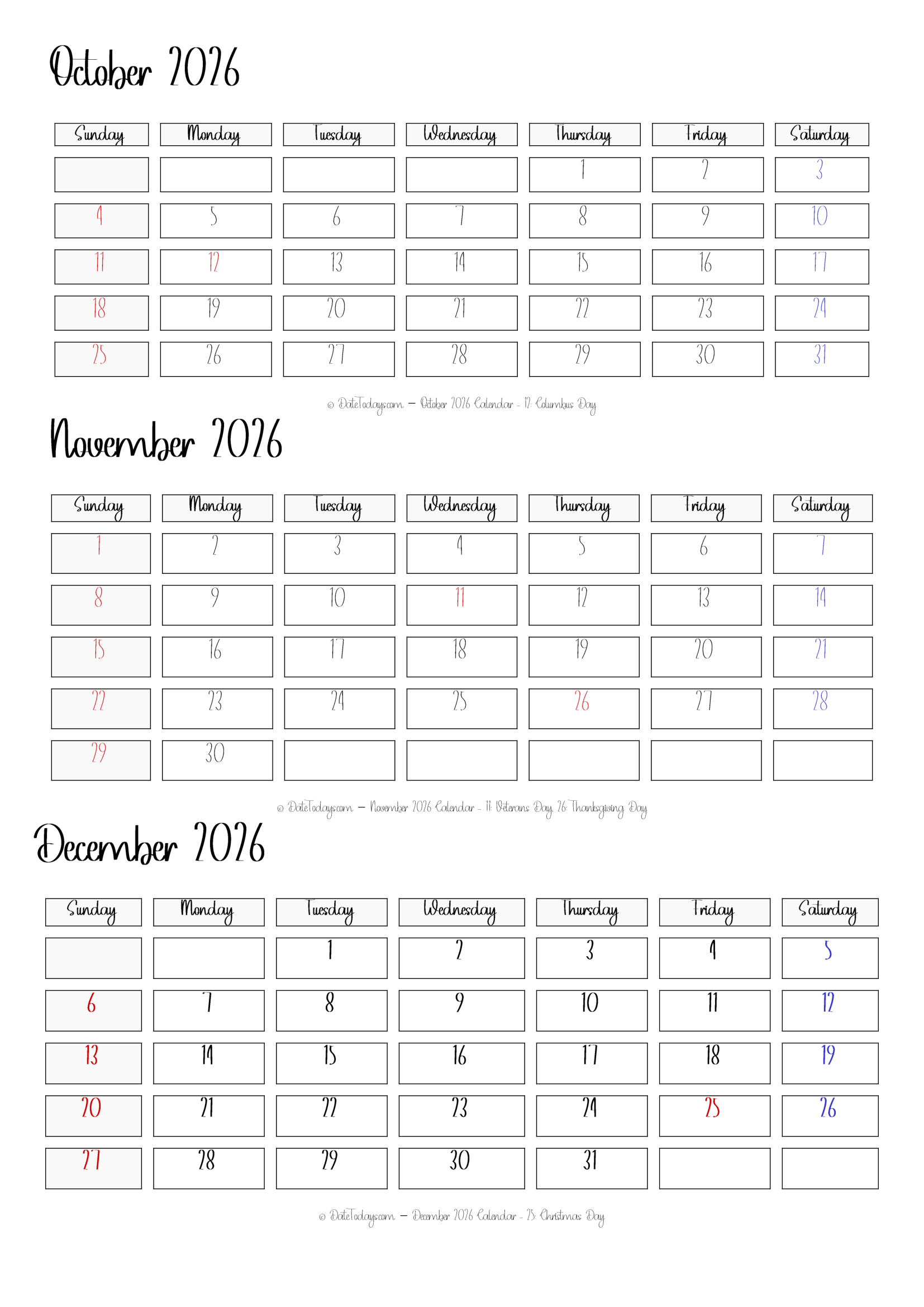 October November December 2026 Calendar Printable