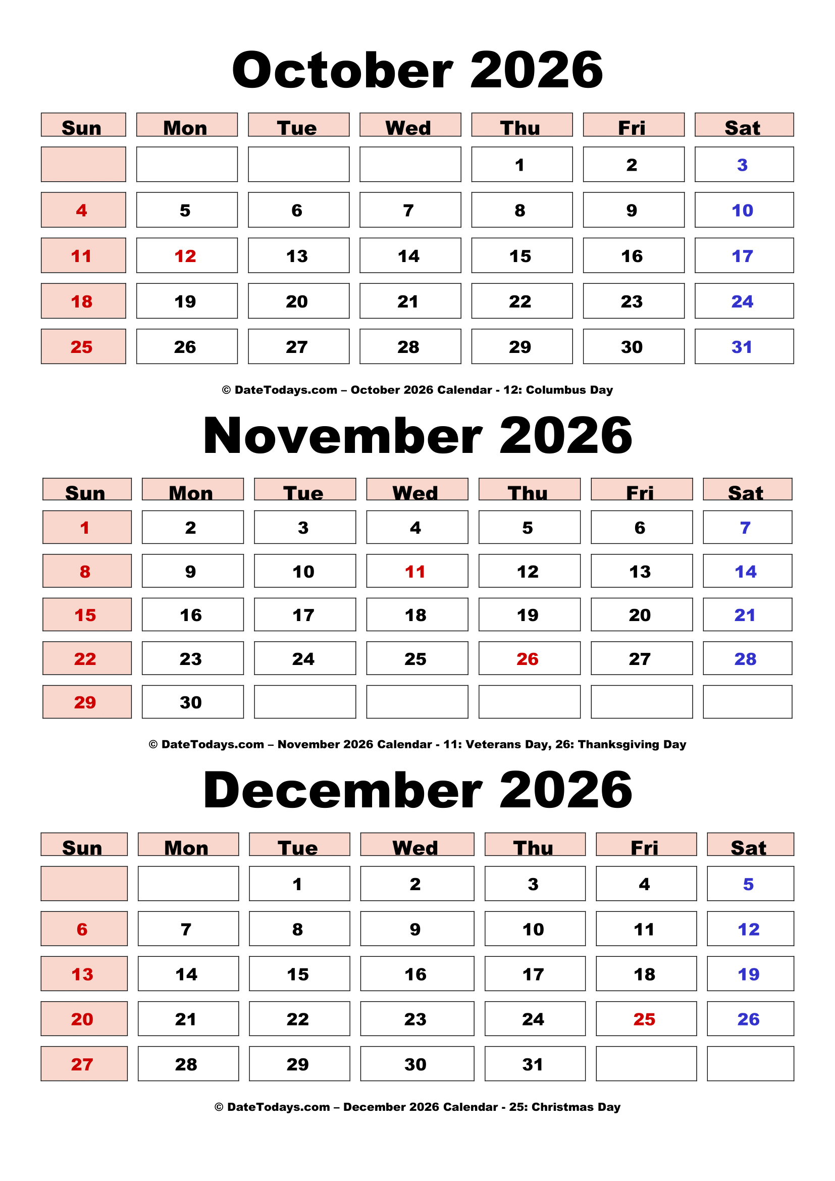October November December 2026 Calendar with Holidays