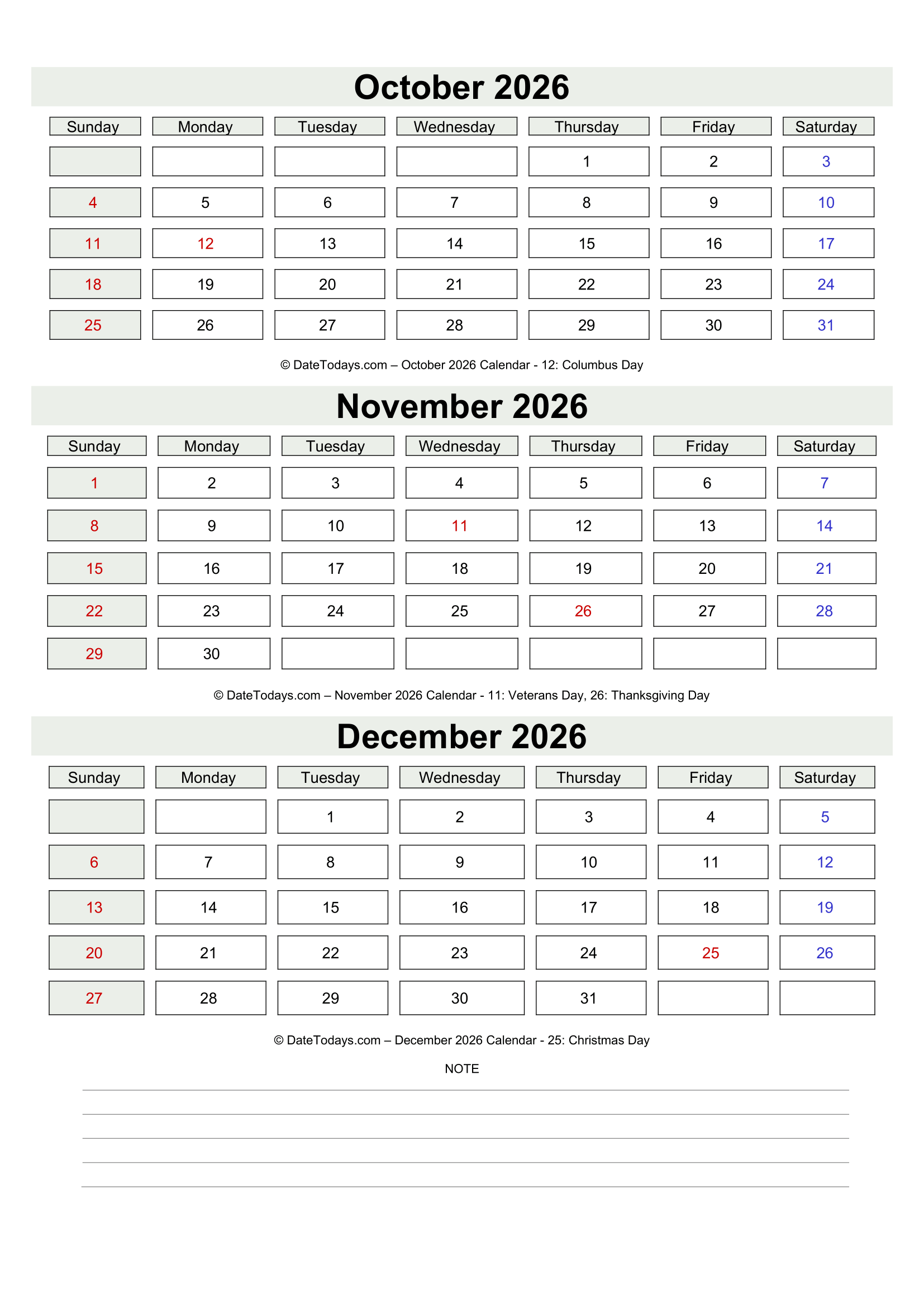 October November December 2026 Calendar with Notes