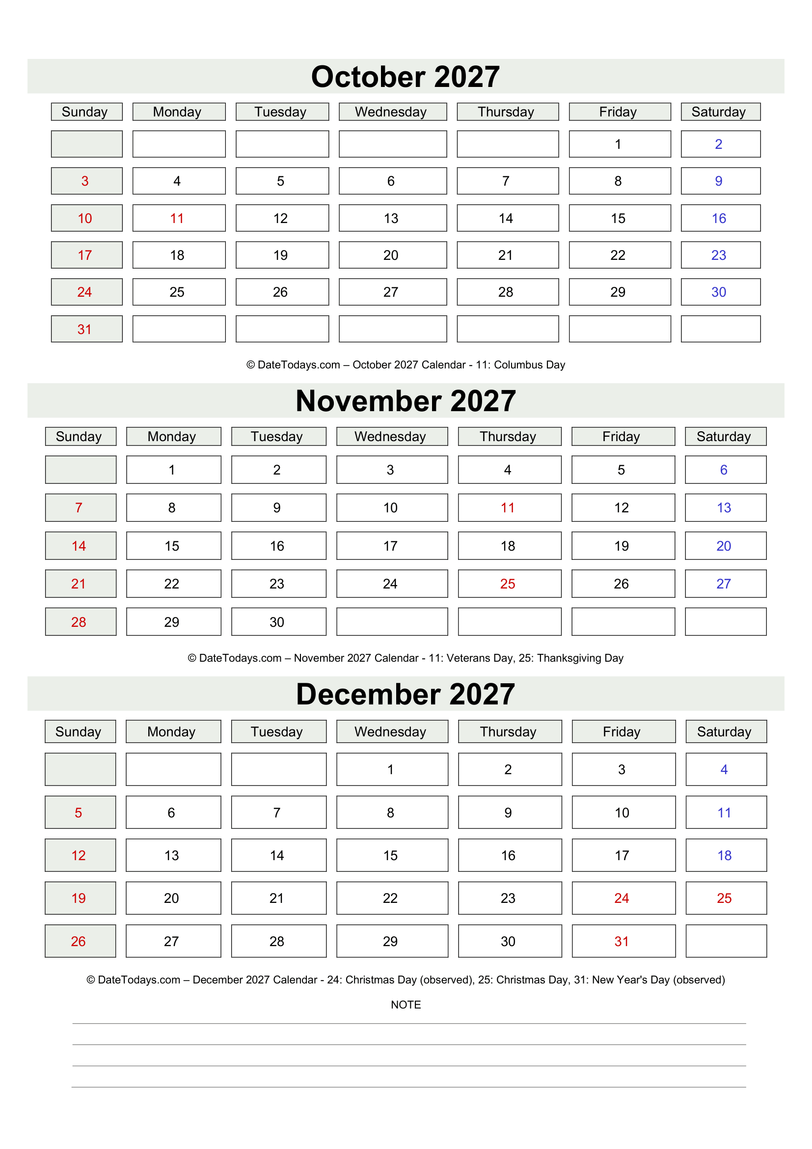 October to December 2027 Calendar