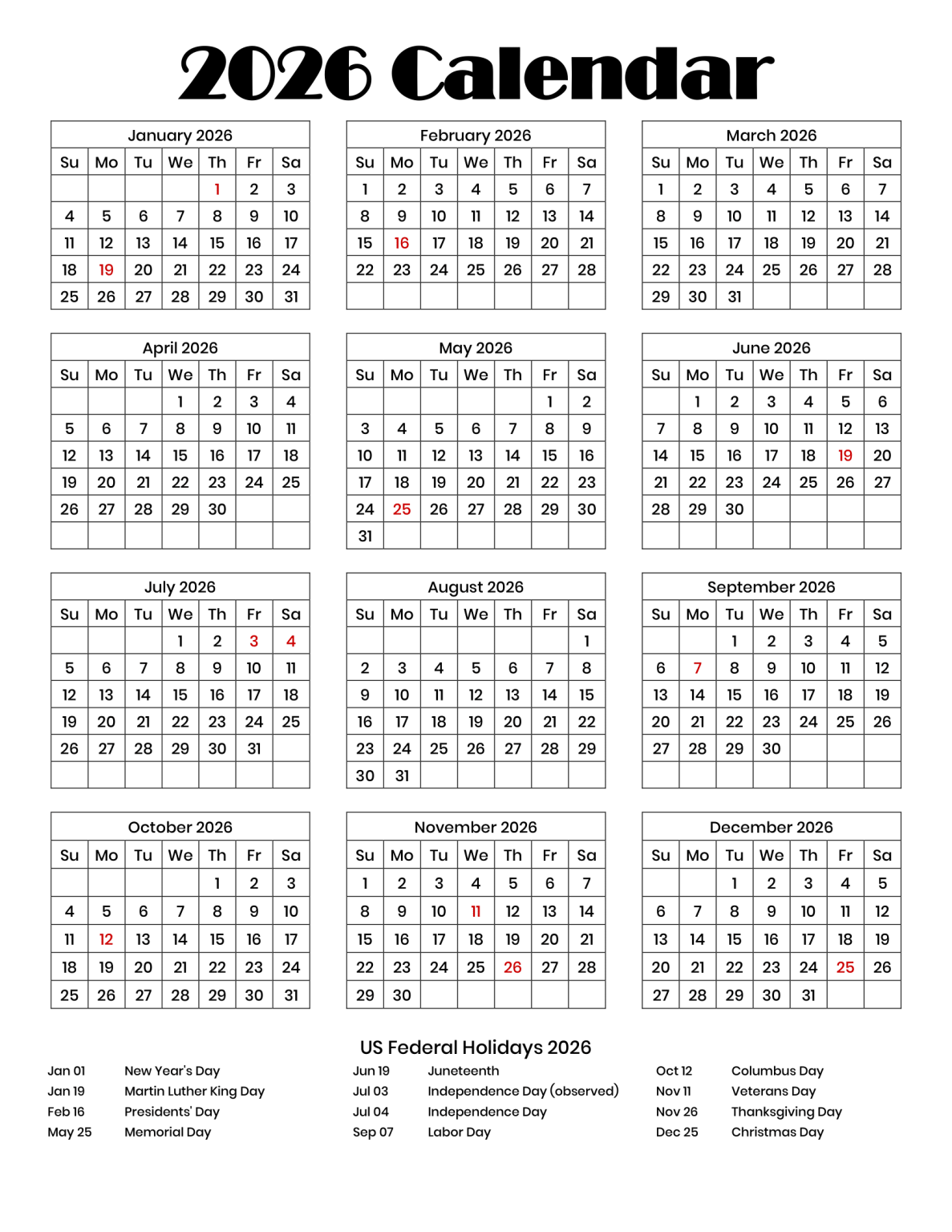 Printable 2026 Calendar with US Holidays One Page PDF