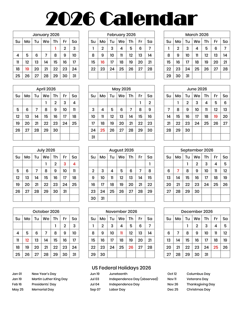 Printable 2026 Calendar with US Holidays One Page PDF