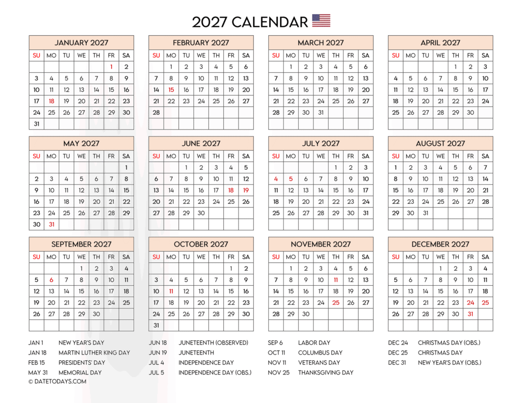 Printable 2027 Calendar with Holidays