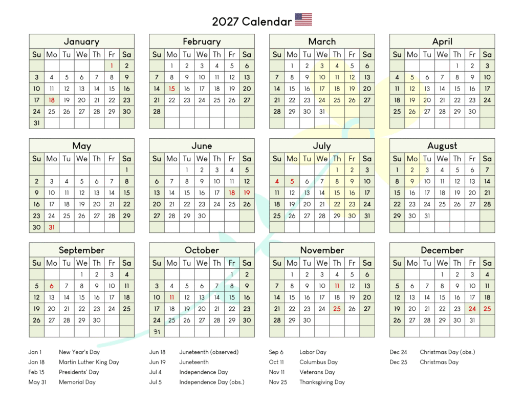 Printable 2027 Calendar with Holidays