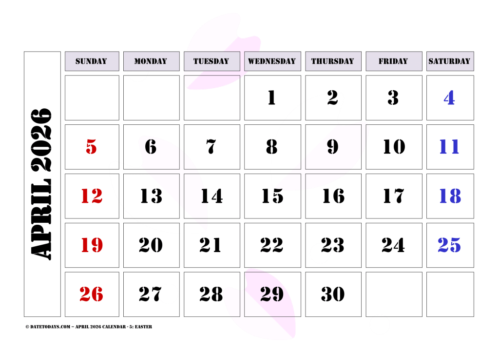 Printable April 2026 Calendar with Holidays Printable PDF