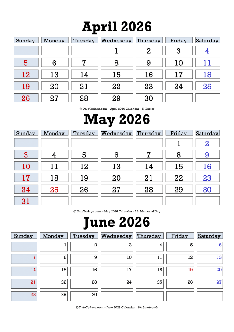 April May June 2026 Calendar Printable - 3 Month Calendar