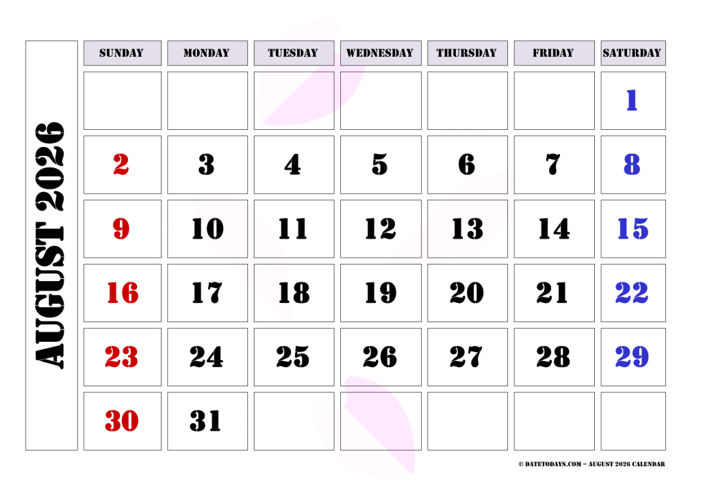 August 2026 Calendar with Holidays Printable PDF