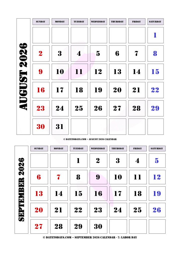August september 2026 calendar 2 month calendar