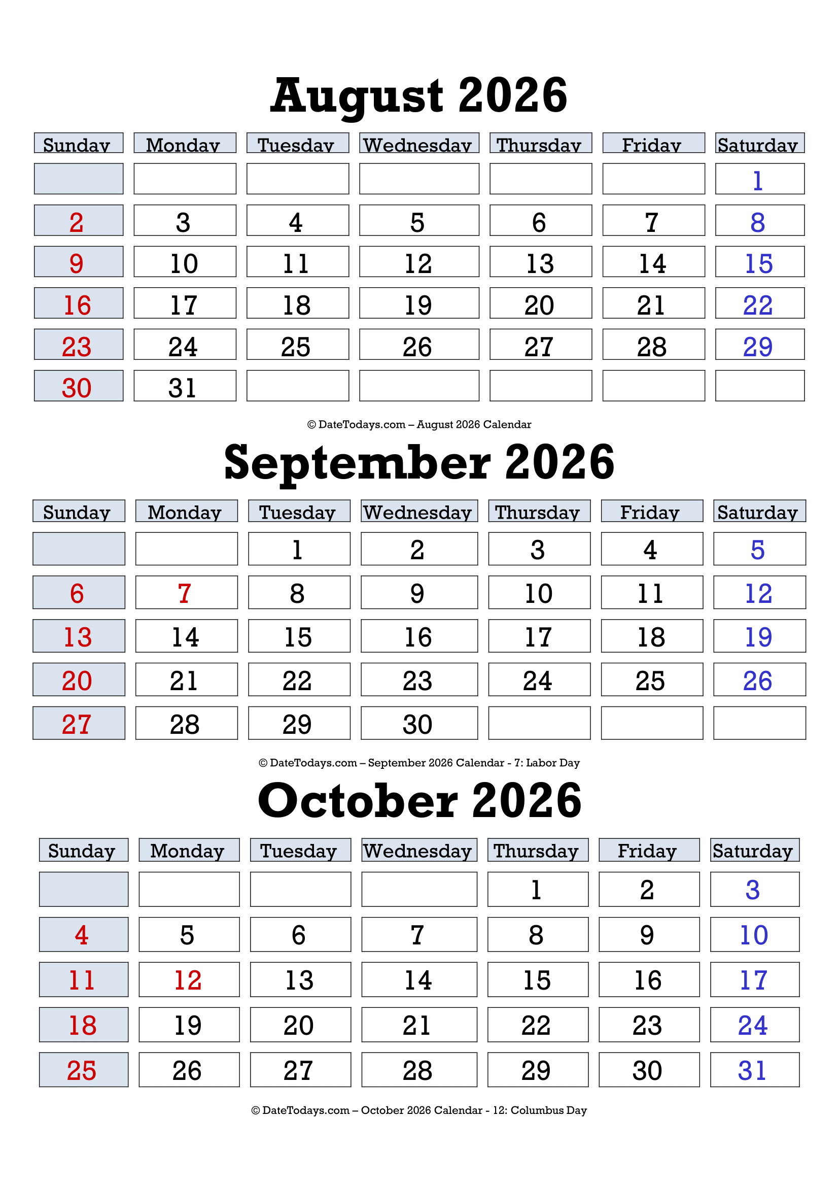 Printable August September October 2026 Calendar
