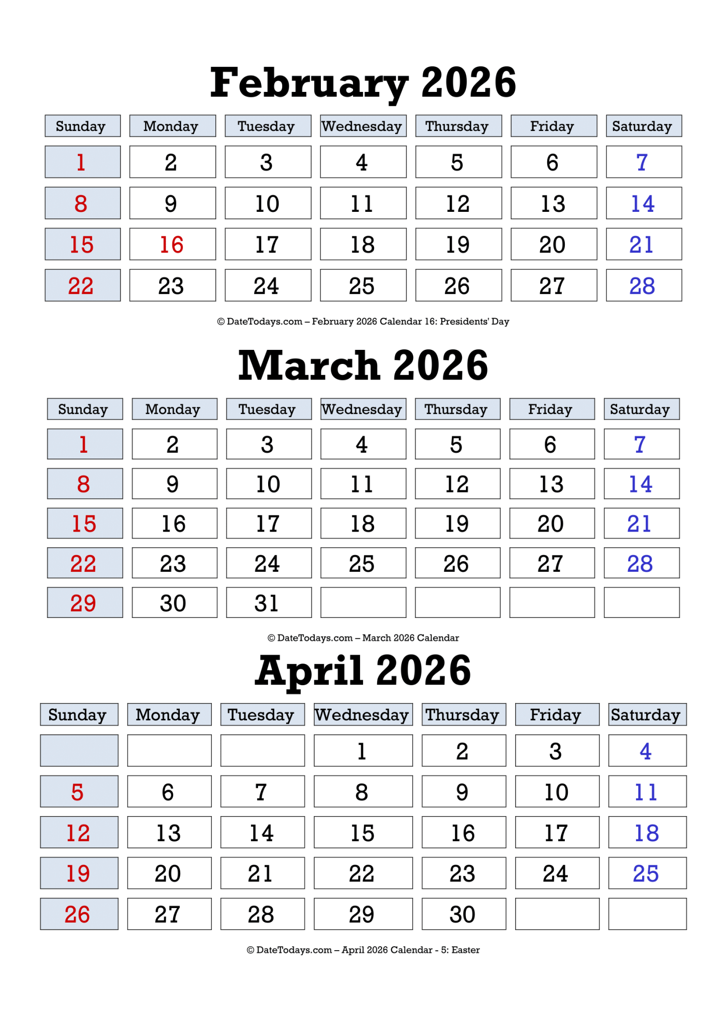 February March April 2026 Calendar Printable