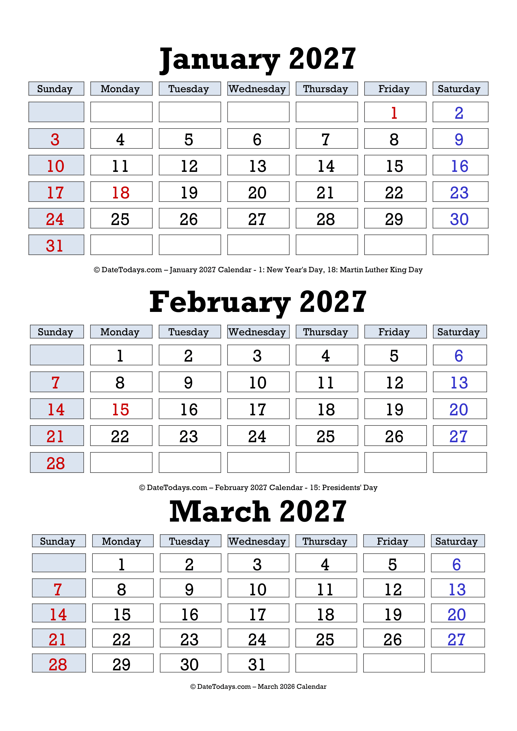 Printable January February March 2027 Calendar