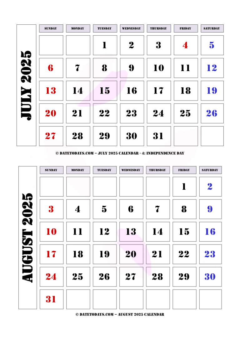 July August 2025 Calendars (2 Months Printable PDF)