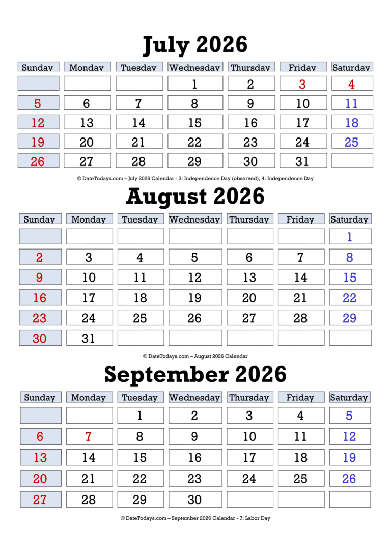 July August September 2026 Calendar Printable
