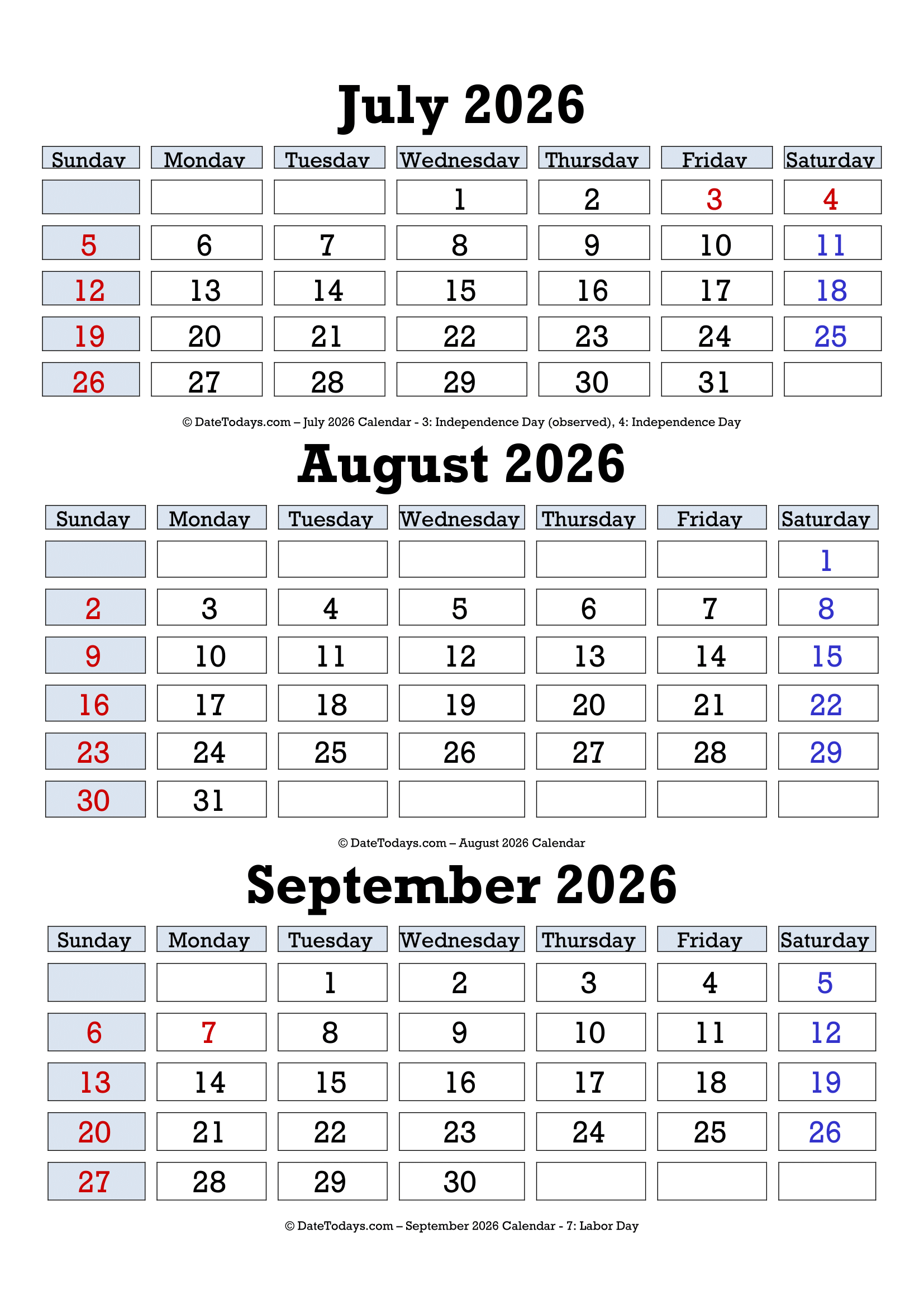 Printable July August September 2026 Calendar
