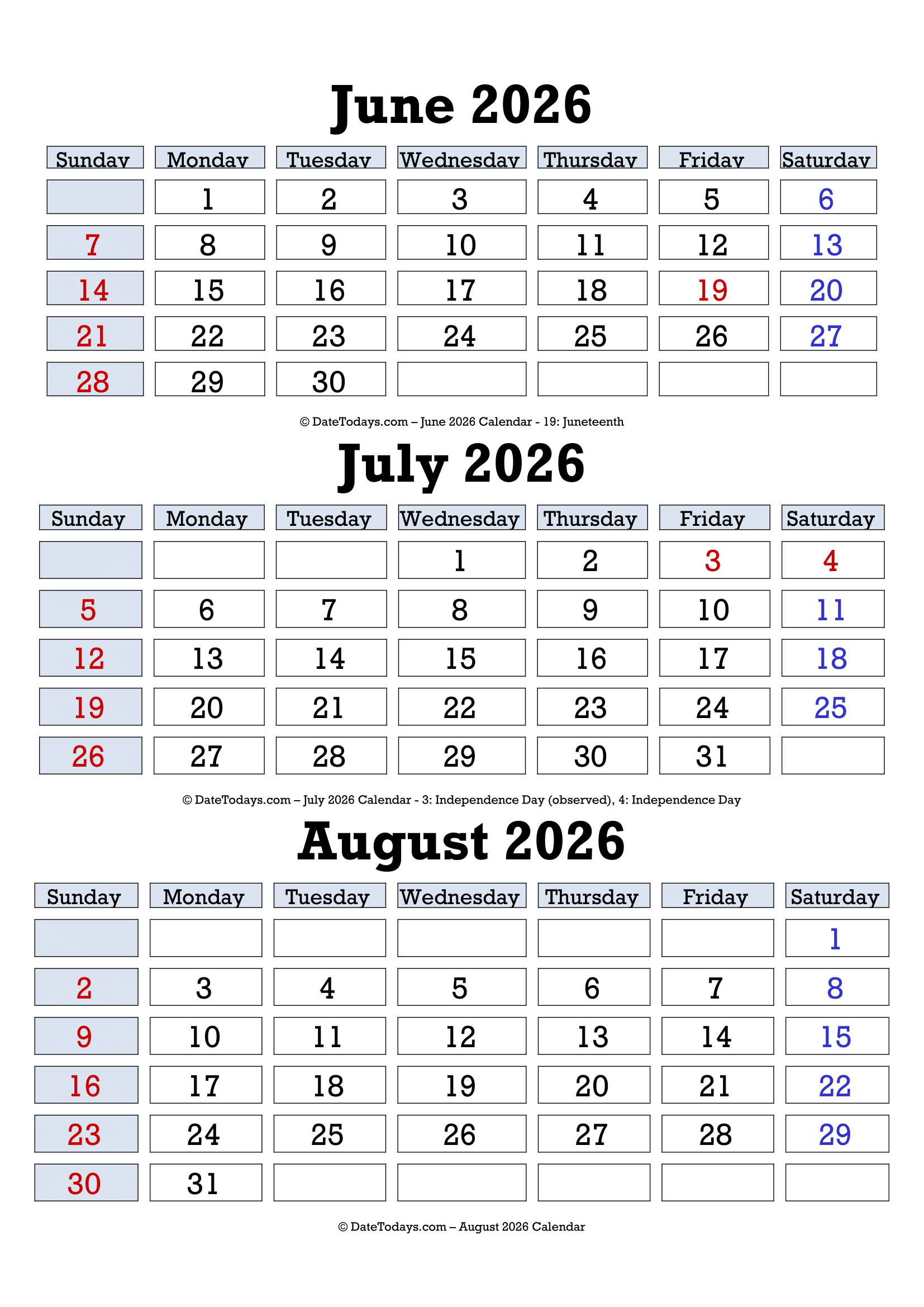 Printable June July August 2026 Calendar